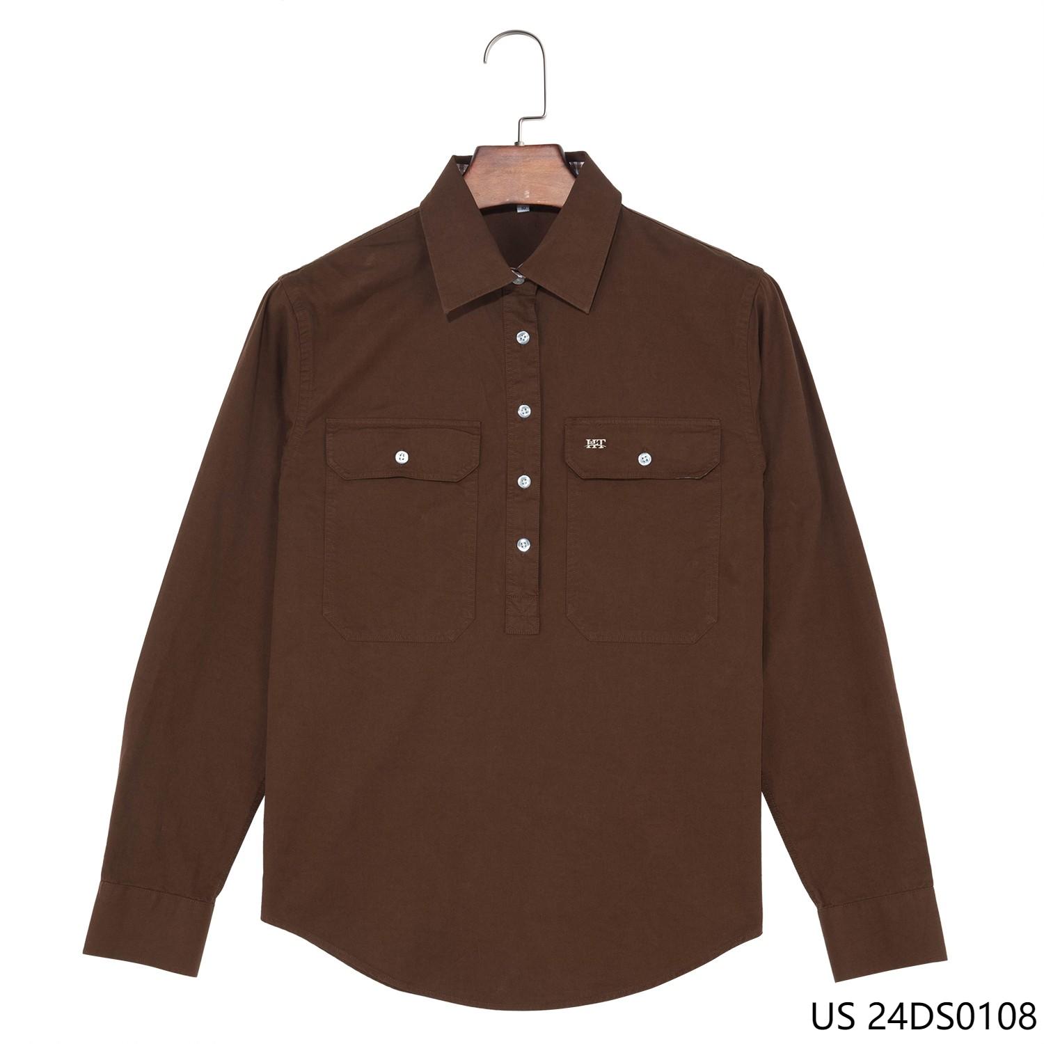 Men's 100% Coffee Color  And Plaid Contrast Half-cut Placket Pullover  Long Sleeve Shirts