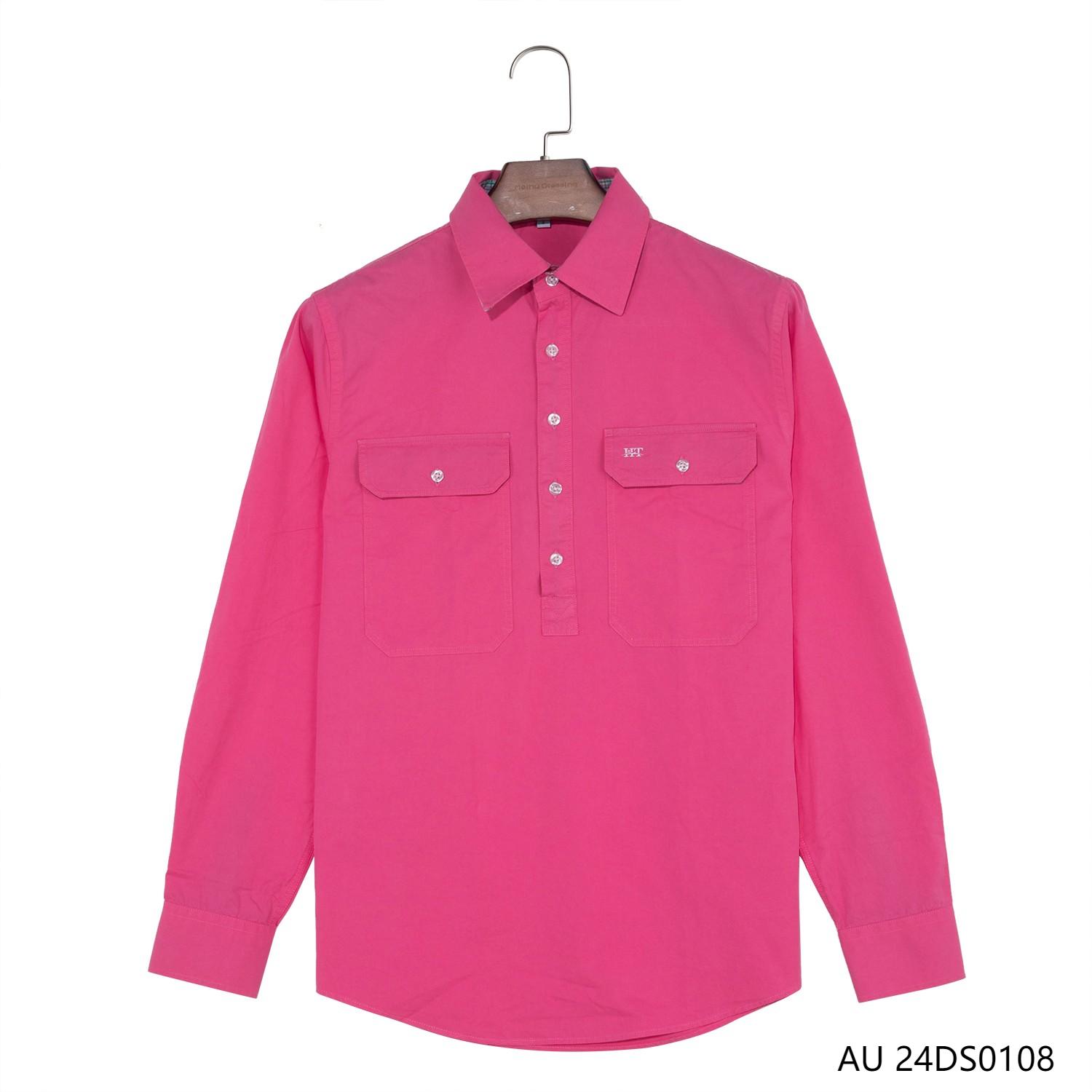 Men's 100% Cotton Light Rose Color And Plaid Contrast Half-cut Placket Pullover Long Sleeve Shirts
