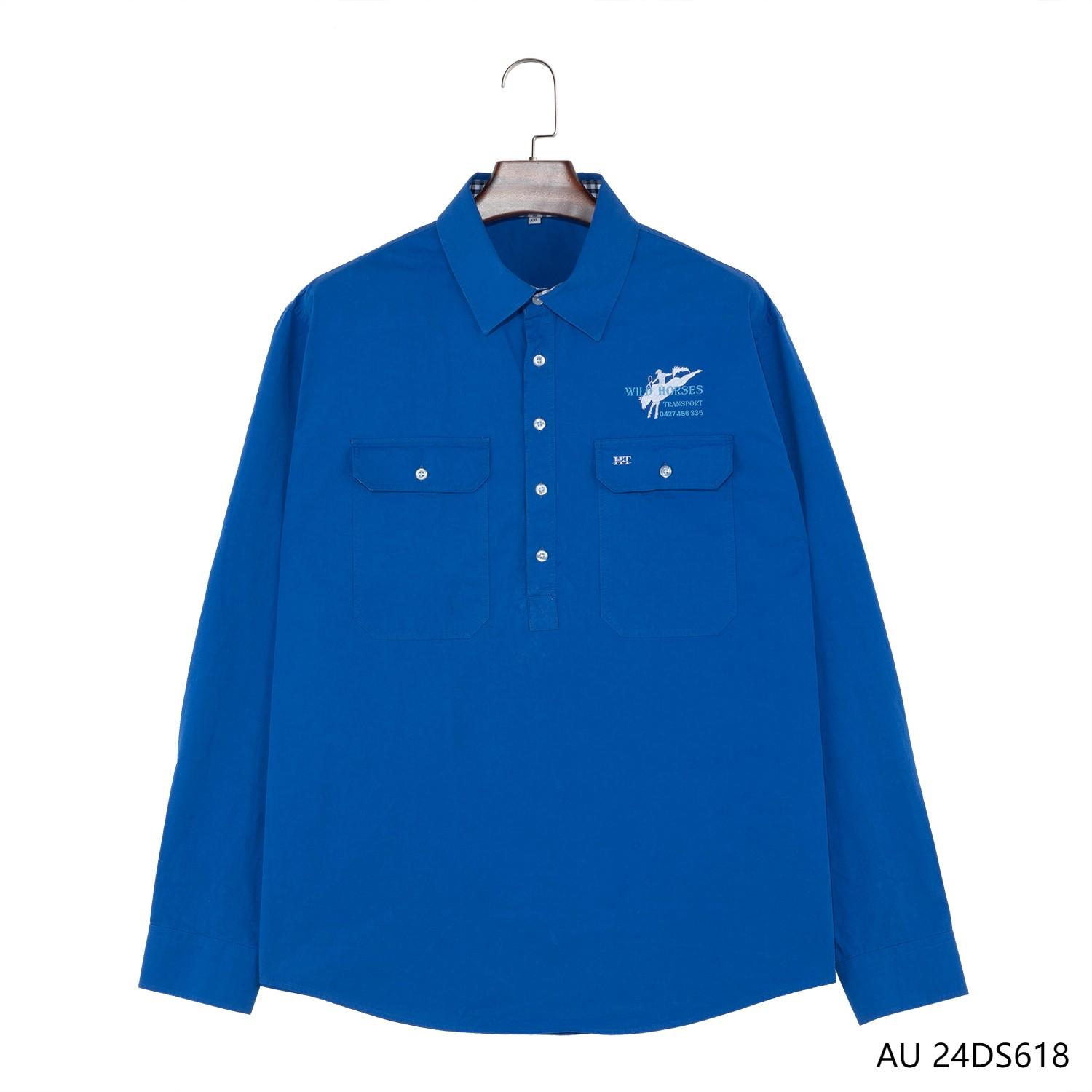 Men's 100% Cotton  Embroidered Blue And Plaid  Contrast Half-cut Placket Pullover  Long Sleeve Shirts