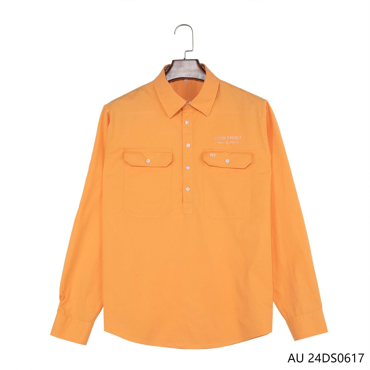 Women's 100% Cotton Orange And Plaid Contrast Half-cut Placket Pullover Long Sleeve Shirts