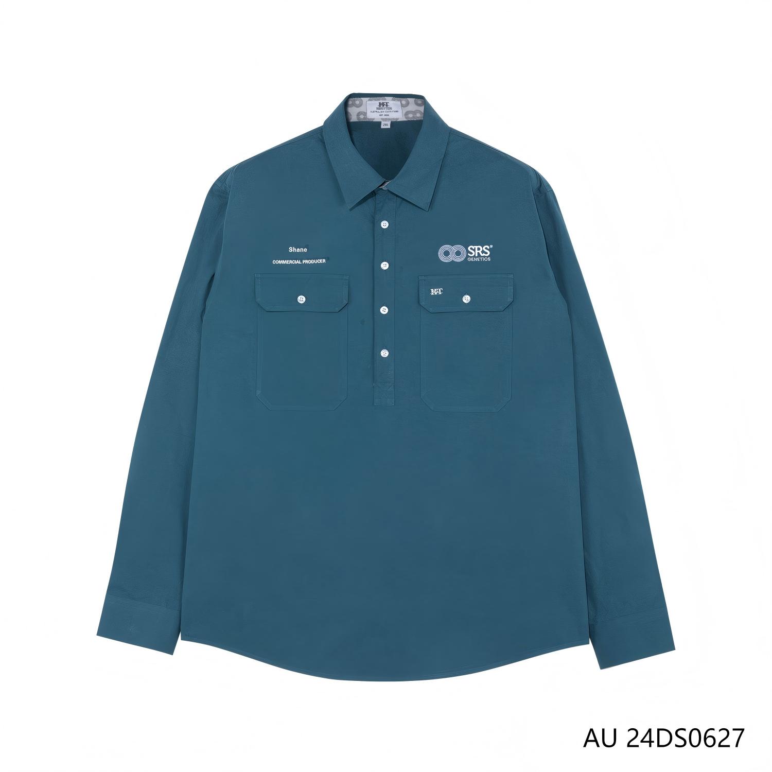 Men's 100% Cotton Embroidered Blue Plain Half-cut Placket Pullover Long Sleeve Shirts