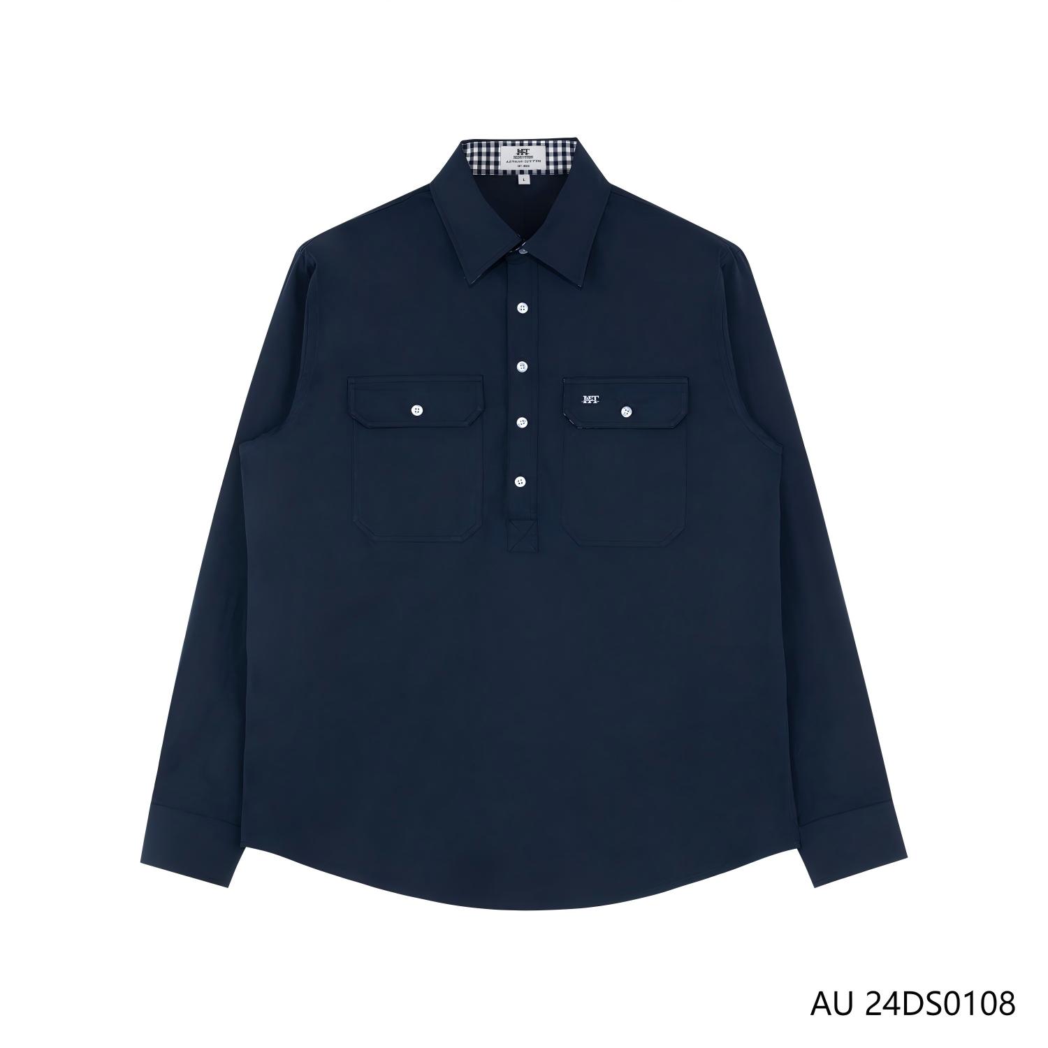 Men's 100% Cotton Dark Blue  And Plaid Contrast Colors  Half-cut Placket Pullover Long Sleeve Shirts