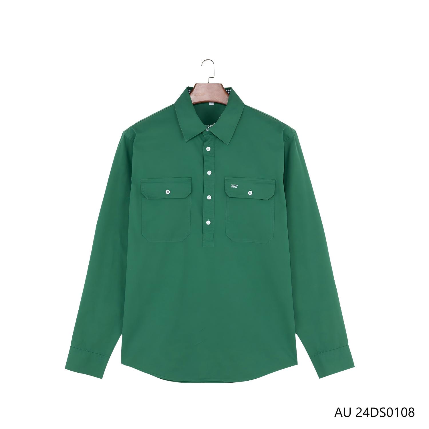 Men's 100% Cotton Deep Green And Plaid Contrast  Half-cut Placket Pullover Long Sleeve Shirts