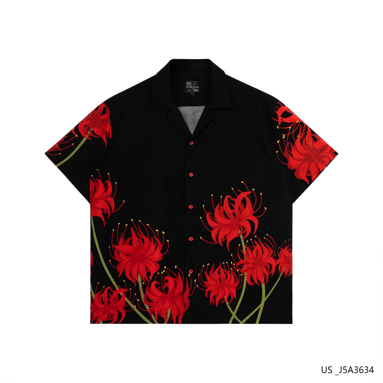 Men's 100% Rayon Printed Short Sleeve Button Down Shirts With Cuba Collar And Red Button