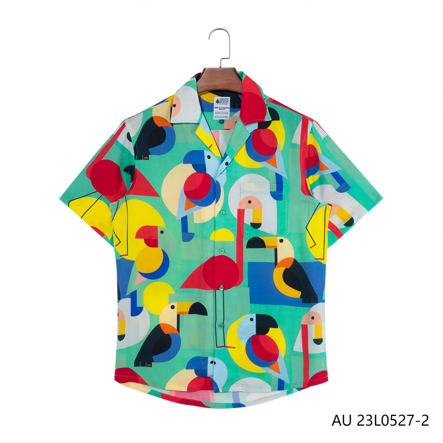 Men's 100% Tencel Printed Cuba Collar Short Sleeve Button Down Shirts
