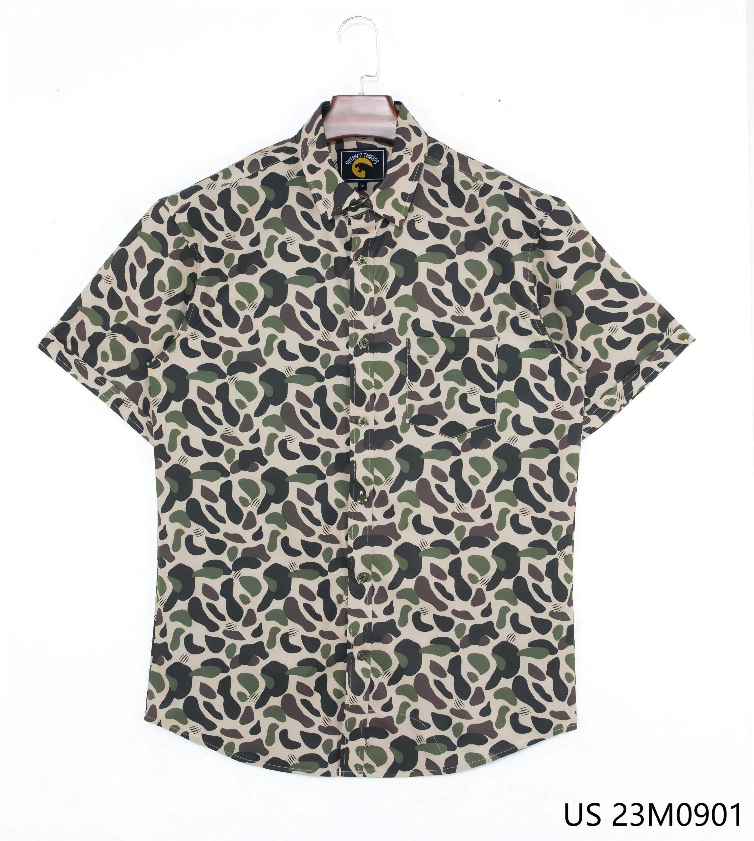 Men's 48% Polyester 37% Recycled 15% Spandex  Camo Printed Short Sleeve Button Down Shirts
