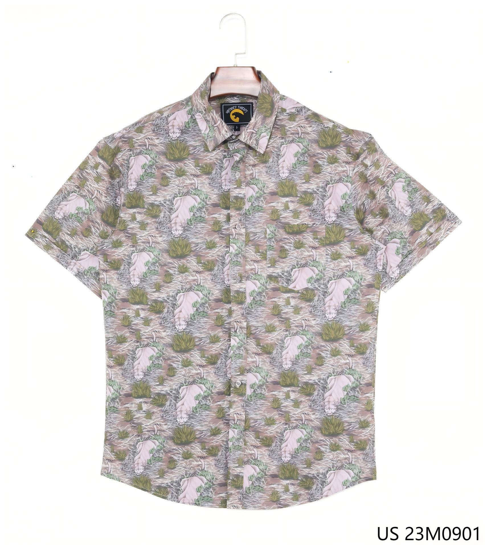 Men's 48% Polyester 37% Recycled 15% Spandex  Printed Short Sleeve Button Down Shirts