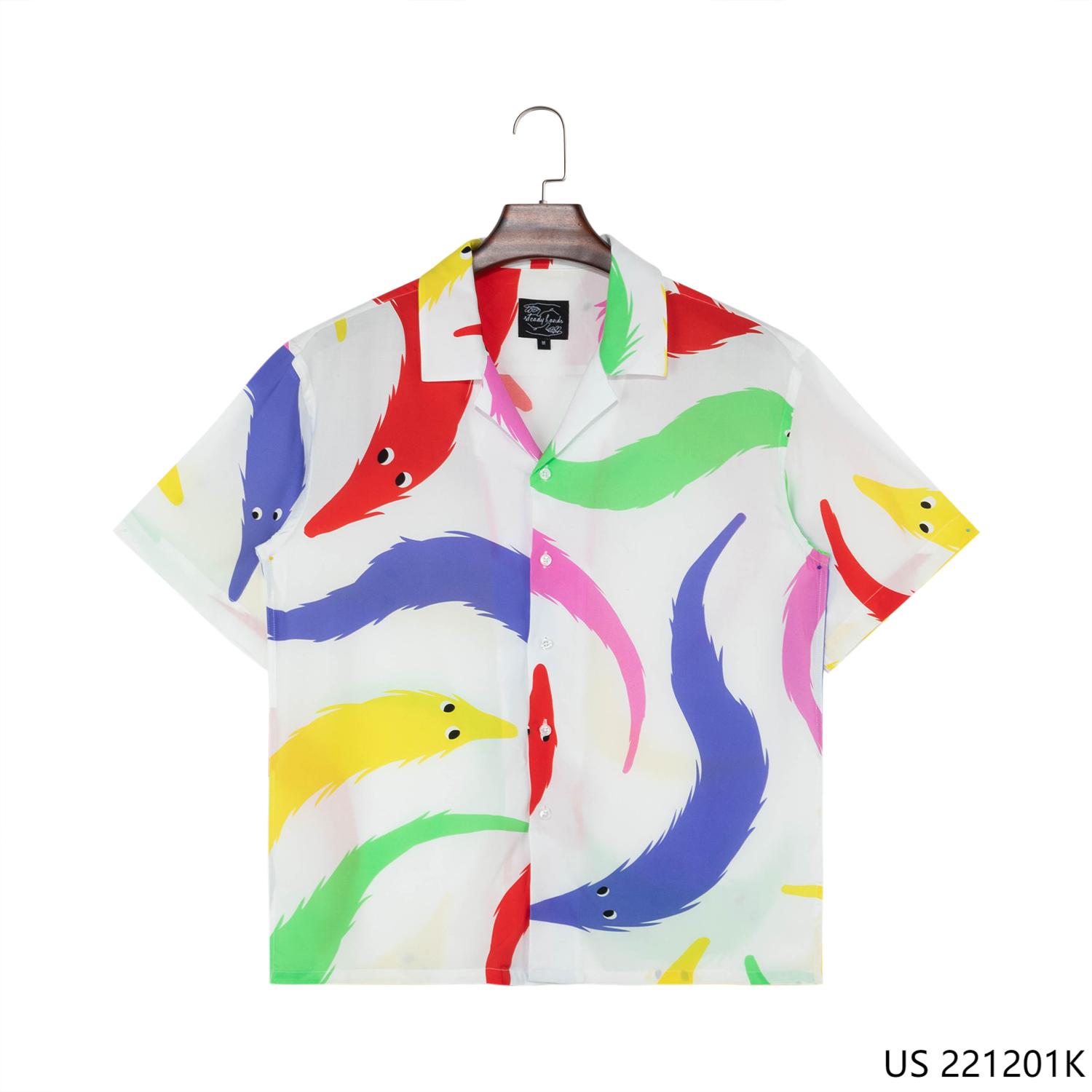 Men's 100% Rayon Colorful Printed  Against The White Background Short Sleeve Button Down Shirts