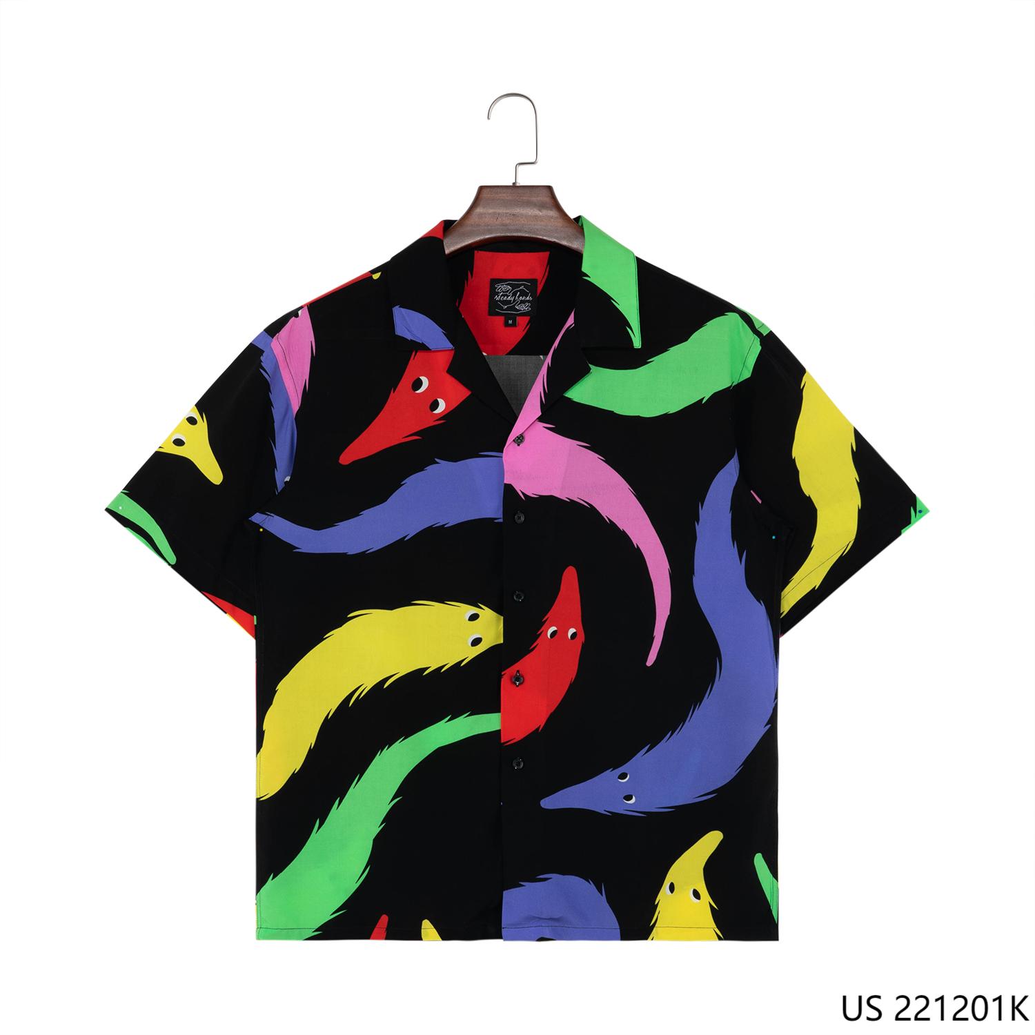 Men's 100% Rayon Colorful Printed Against The Black Background Short Sleeve Button Down Shirts