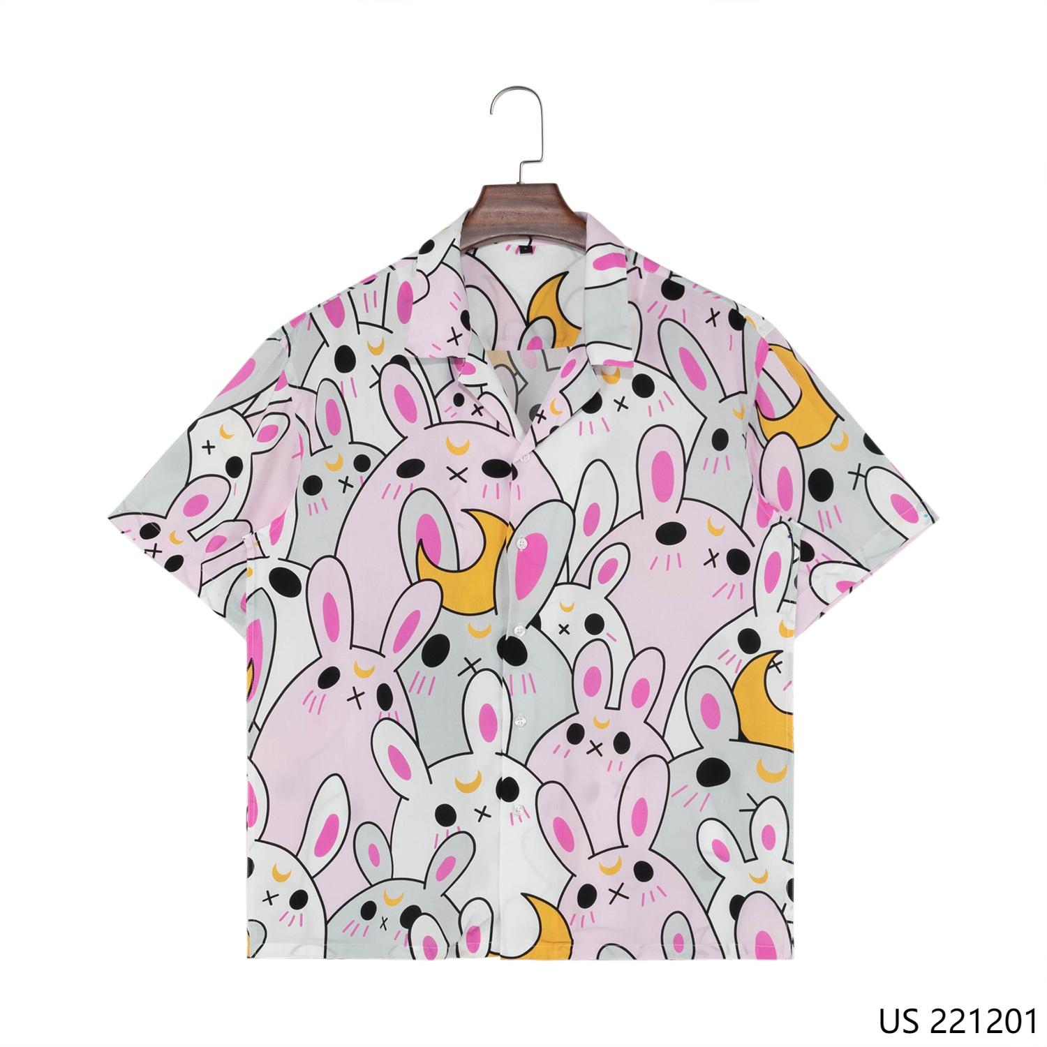 Men's 100% Rayon Colorful Printed Rabbits Short Sleeve Button Down Shirts