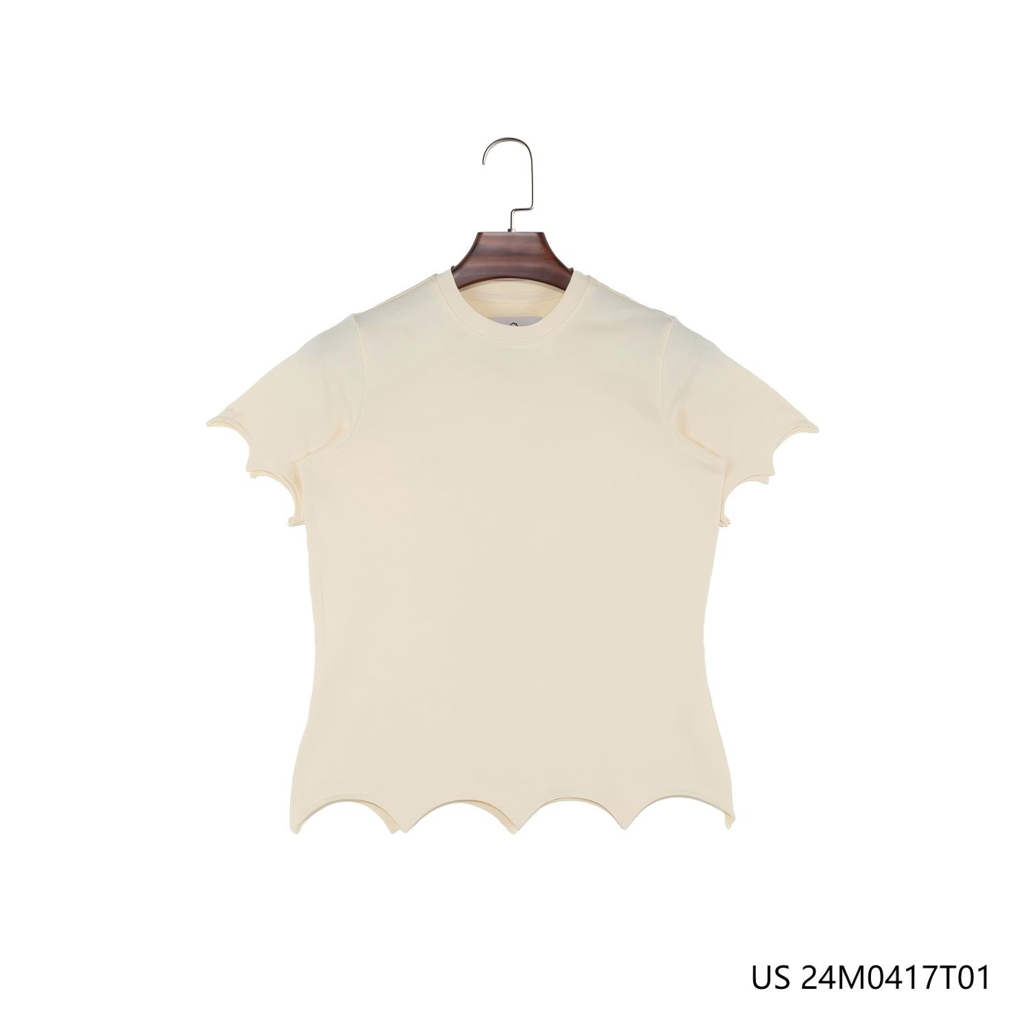 Women's 100% Cotton Beige Plain Round Collar T-shirts With Ruffled Hem And Sleeves