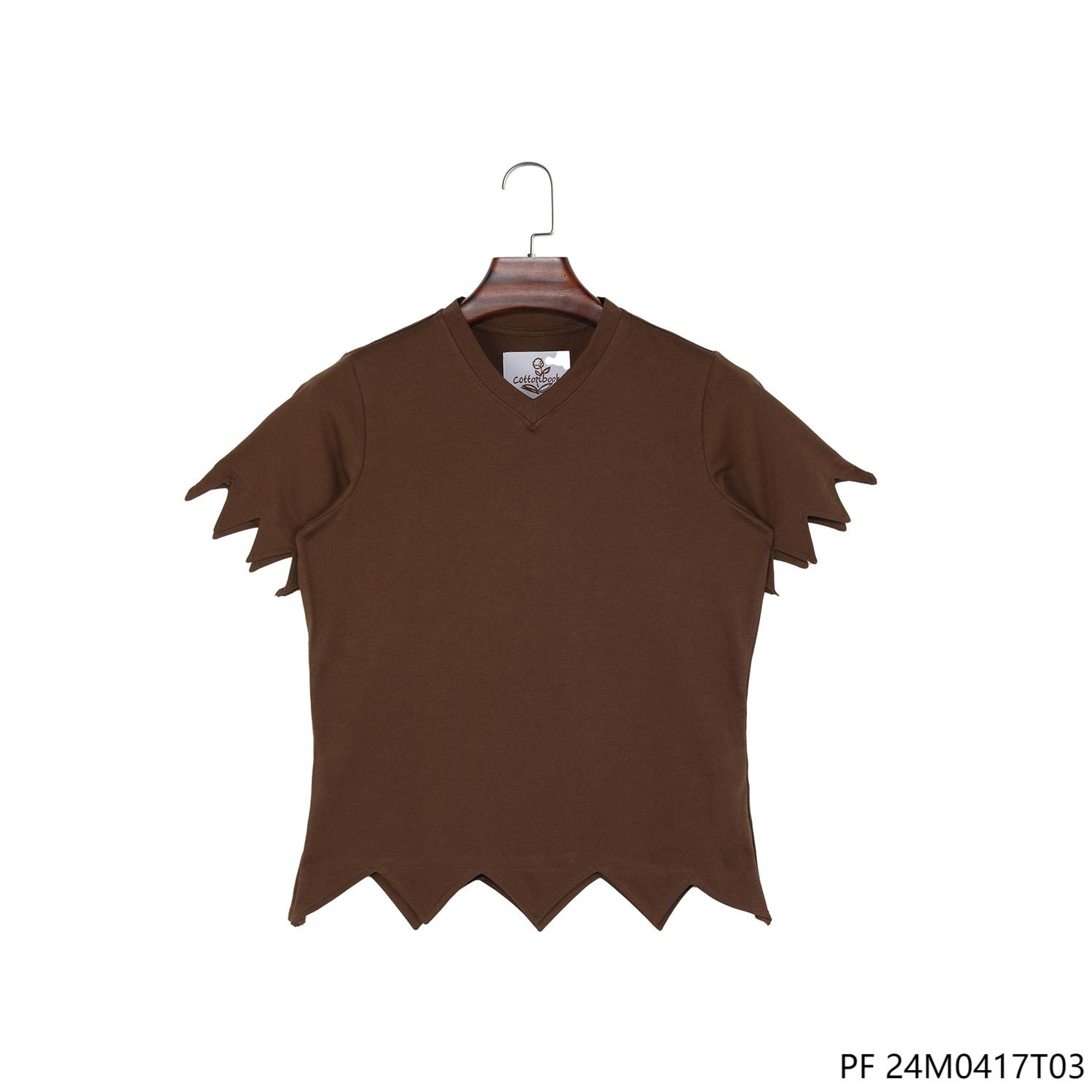 Women's 100% Cotton Brown Plain V-neck Collar T-shirts With Zigzag Hem And Sleeves