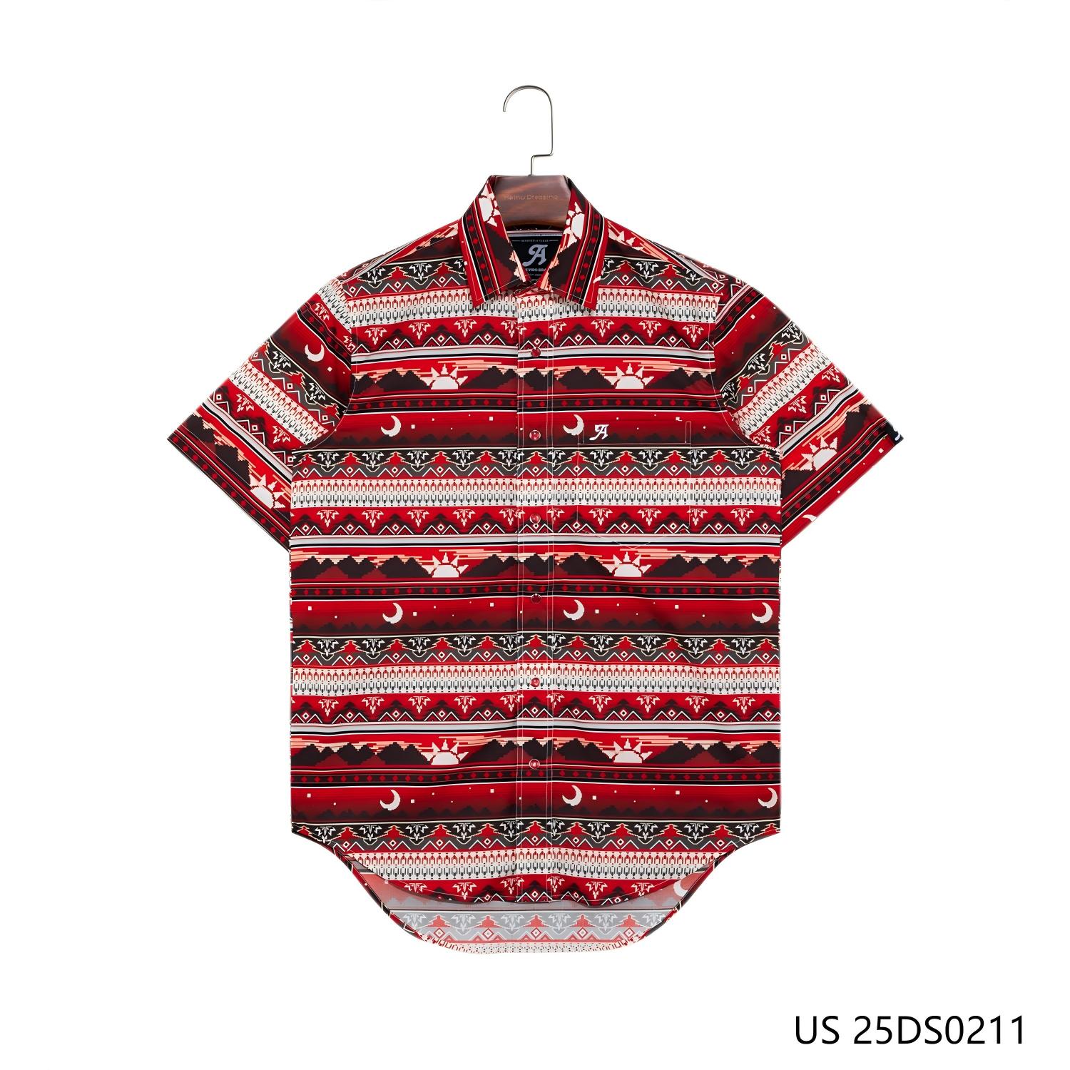 100% Cotton Stripes Turn-down Collar Button-up Short Sleeve Shirts for Men with Round Hem