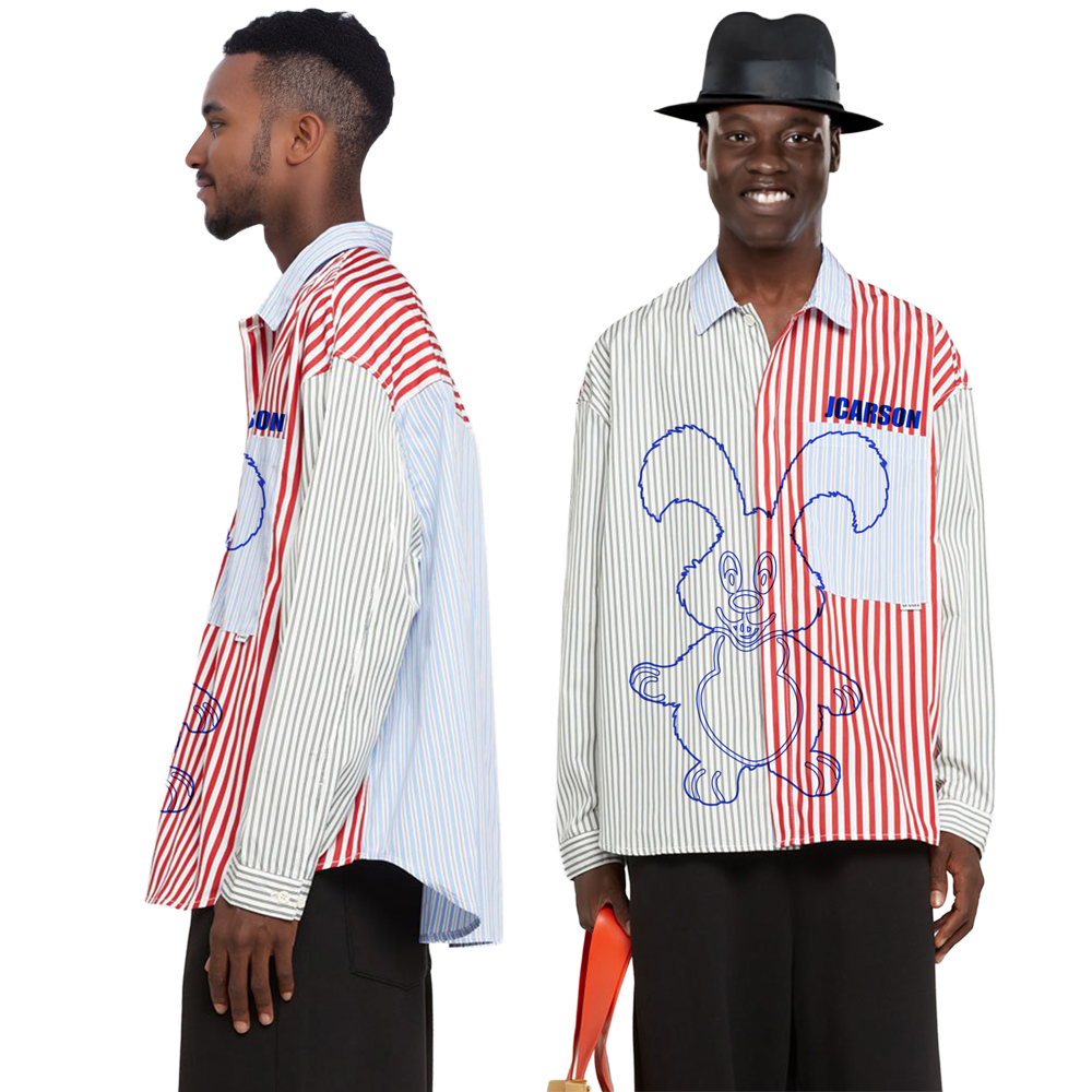 Patchwork Stripes Turn-down Collar Button-up Long Sleeve Shirts for Men with Round Hem OEM Service Avaliable