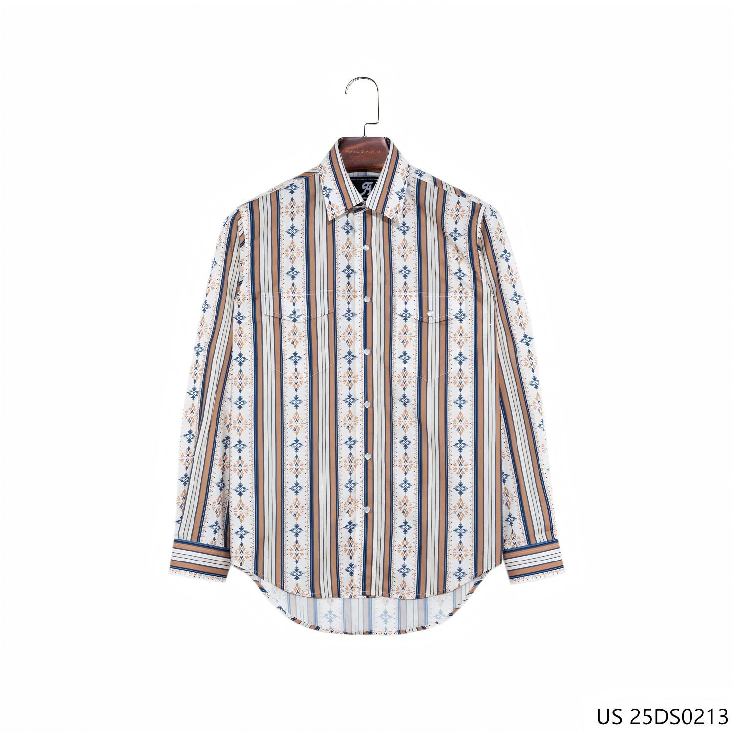 Men's 100% Cotton Collared Stripes Button-down Long Sleeve Shirts  With Round Hem and Snap Buttons