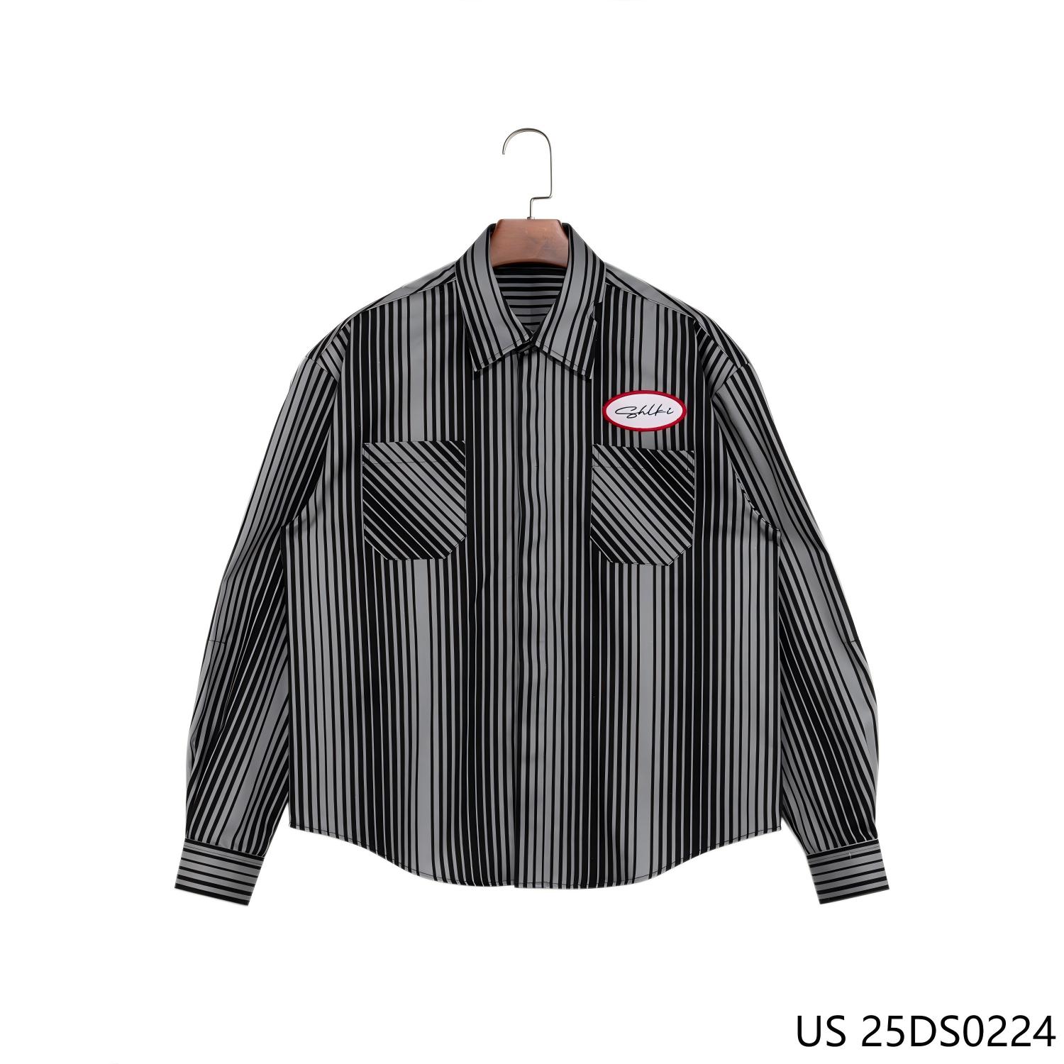 100% Cotton  Embroidered Oversized Stripes Hidden Snap Button-down Long Sleeve Shirts for Men
