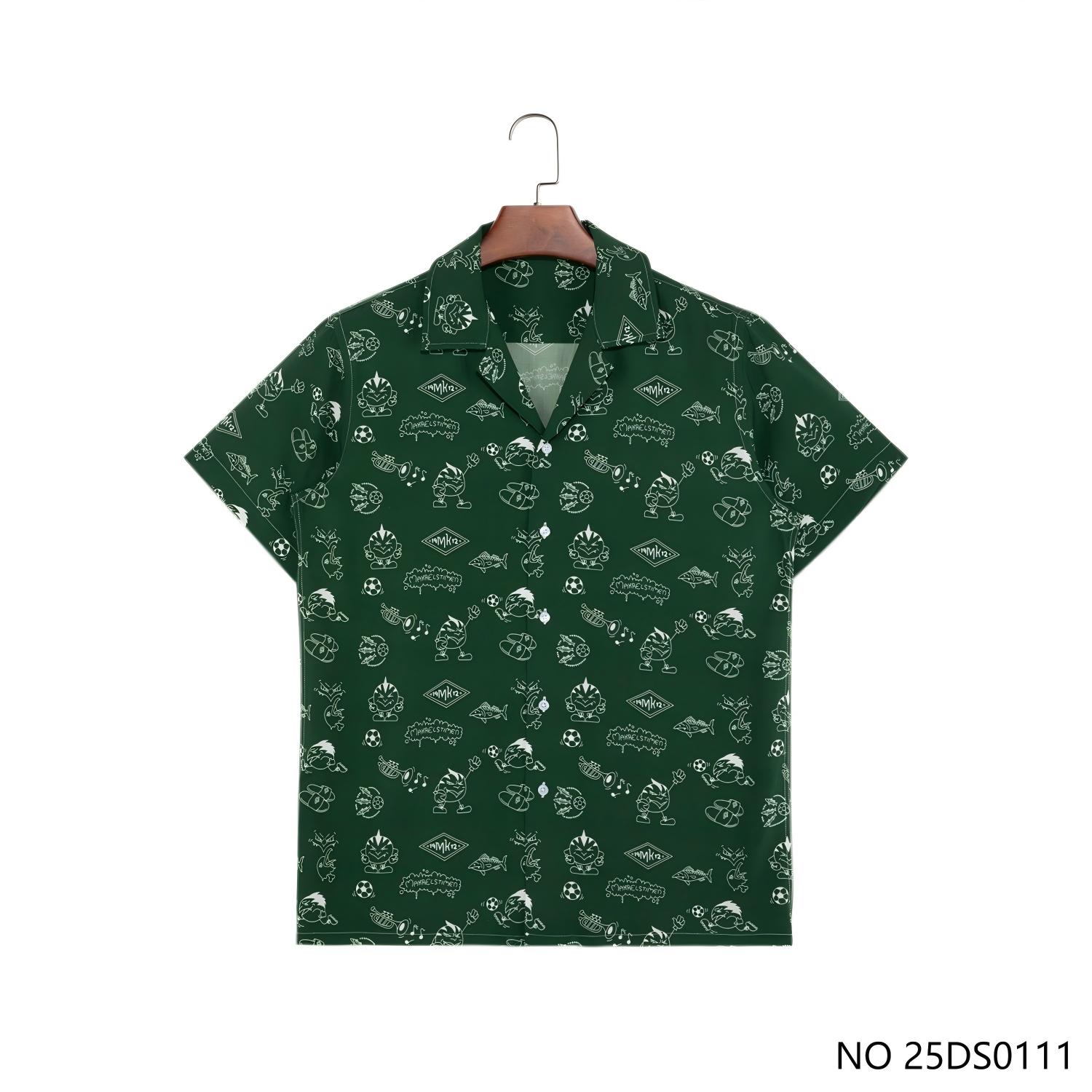 100% Rayon Cuban Collar Casual Style Green Button-down Short Sleeve Shirts for Men
