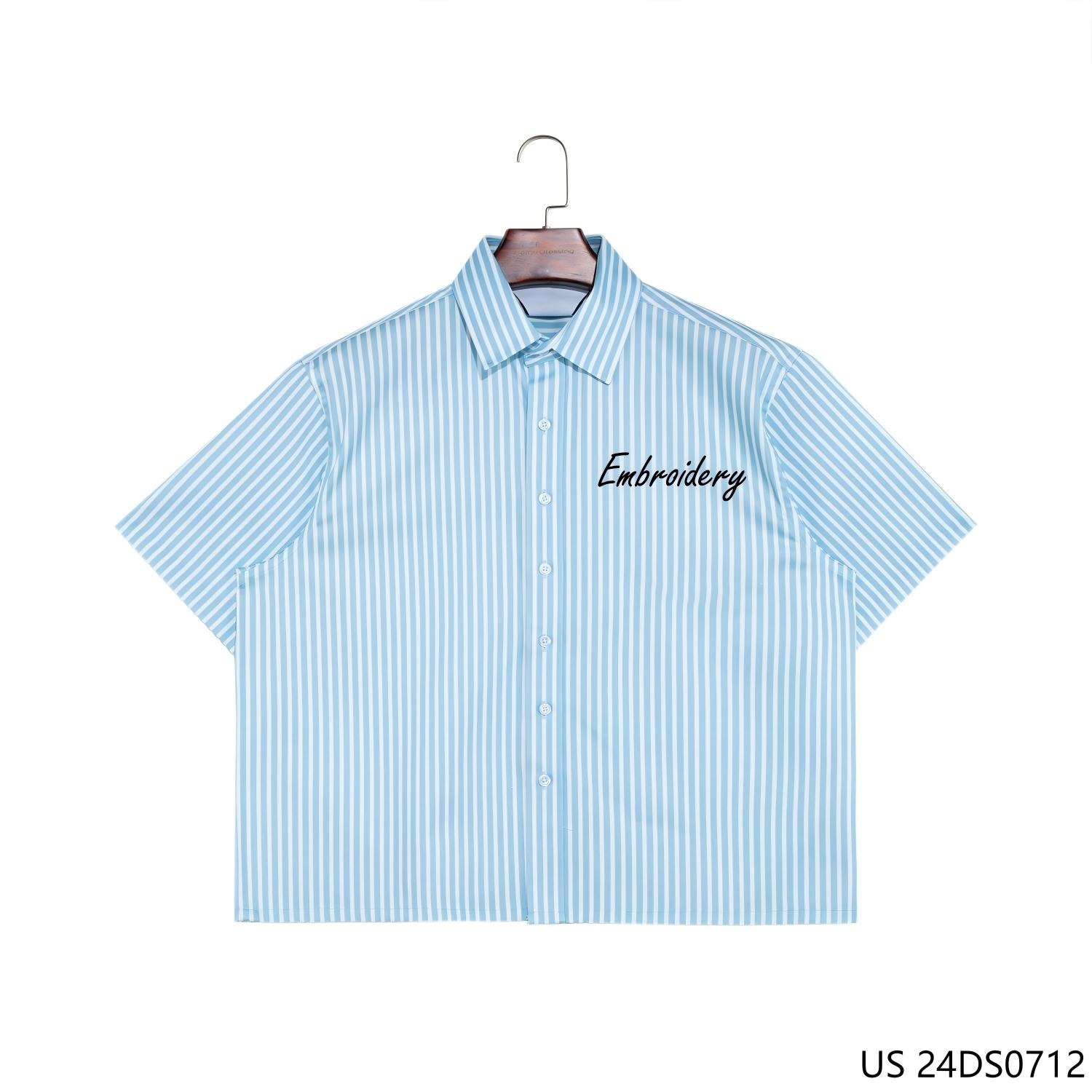 100%  Cotton Blue and White Stripes Embroidered Button up Short Sleeve Shirts for Men