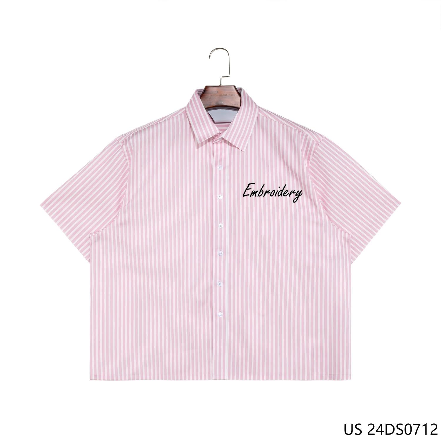 100%  Cotton Pink and White Stripes Embroidered Button up Short Sleeve Shirts for Men