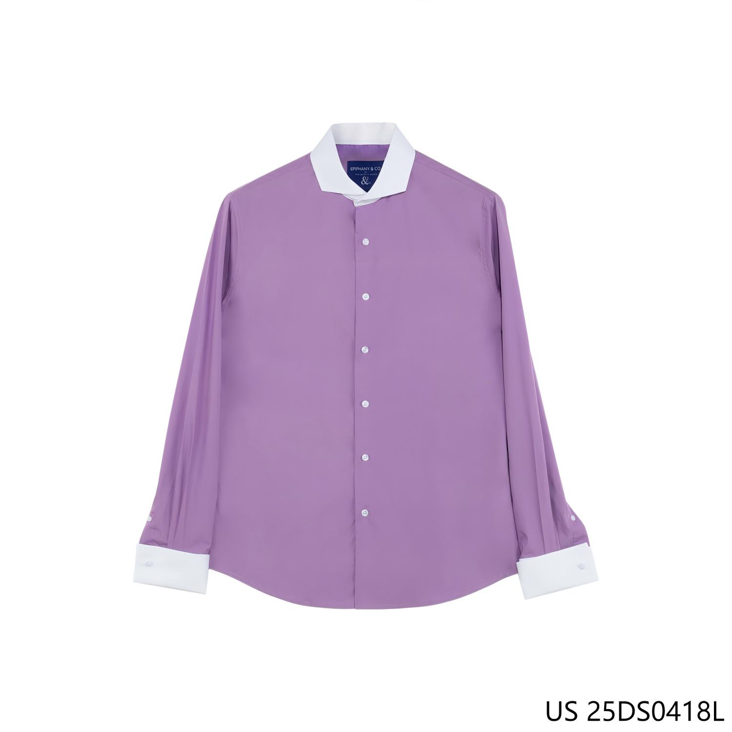 100% Cotton Dress Purple Plain Button-up Long Sleeve Shirts for Men With White Collar and Cuff