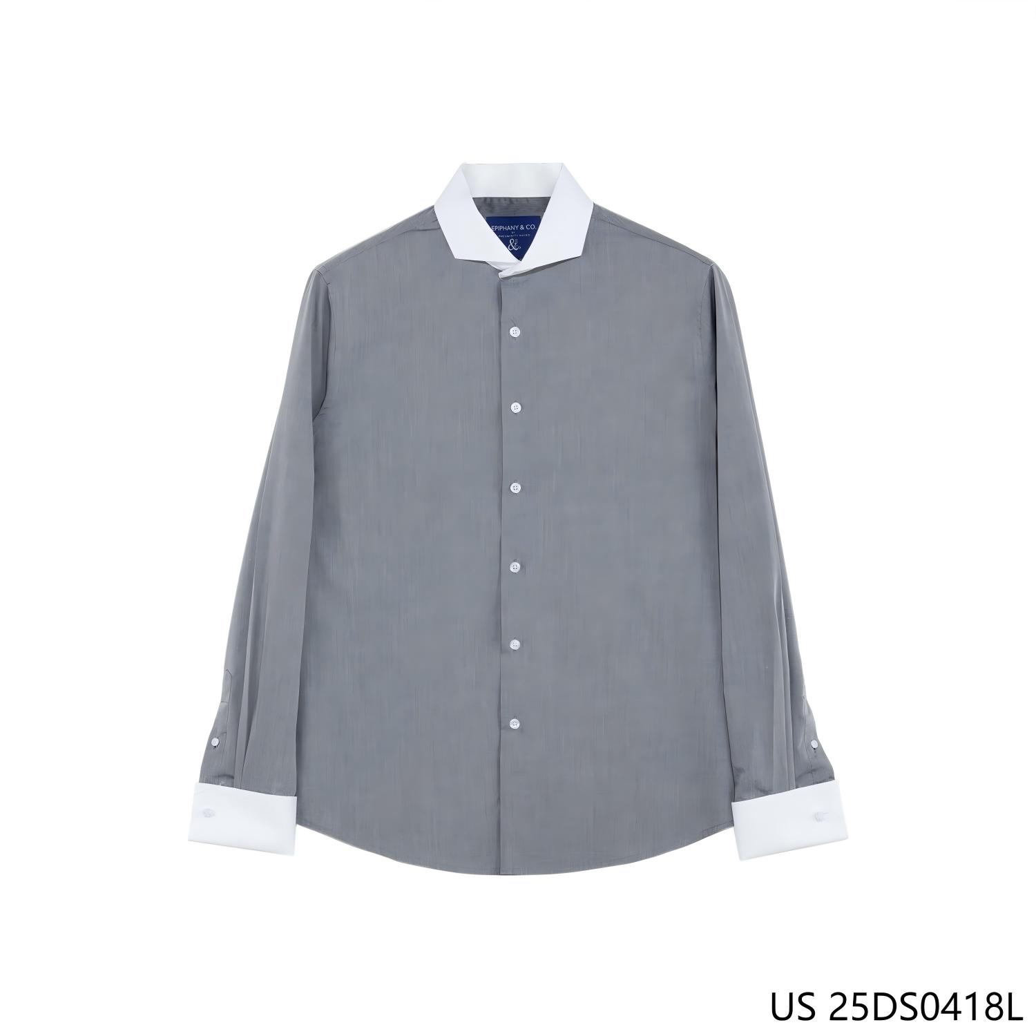 100% Cotton Dress Gray Plain Button-up Long Sleeve Shirts for Men With White Collar and Cuff