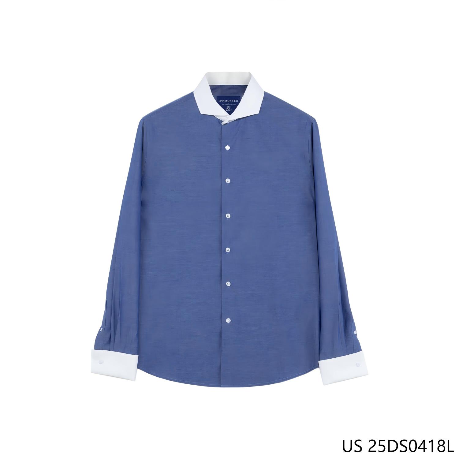 100% Cotton Dress Blue Plain Button-up Long Sleeve Shirts for Men With White Collar and Cuff