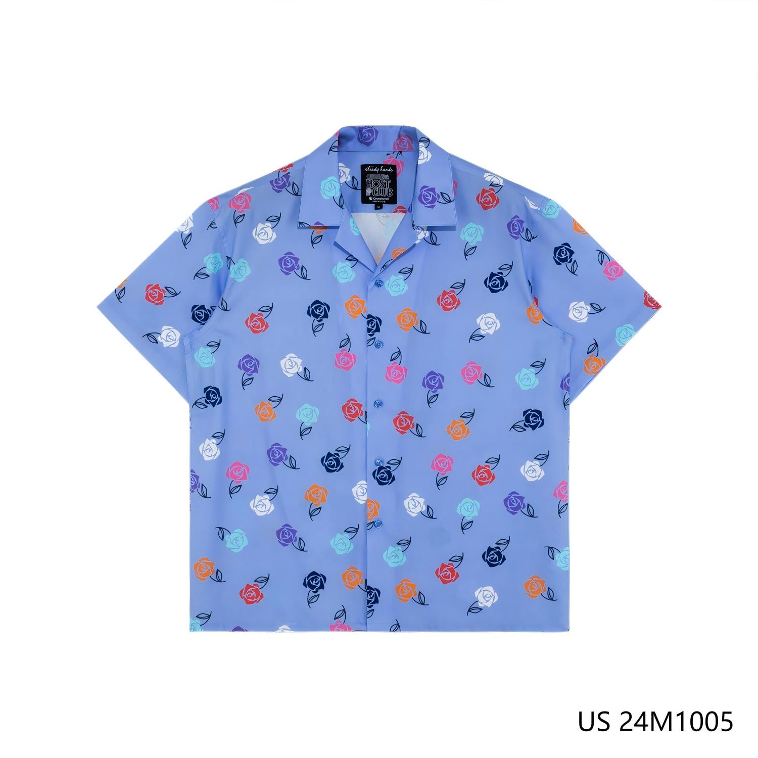 Men's 50% Cotton 50% Rayon Printed Blue Short Sleeve Button-up Shirts with Cuban Collar 