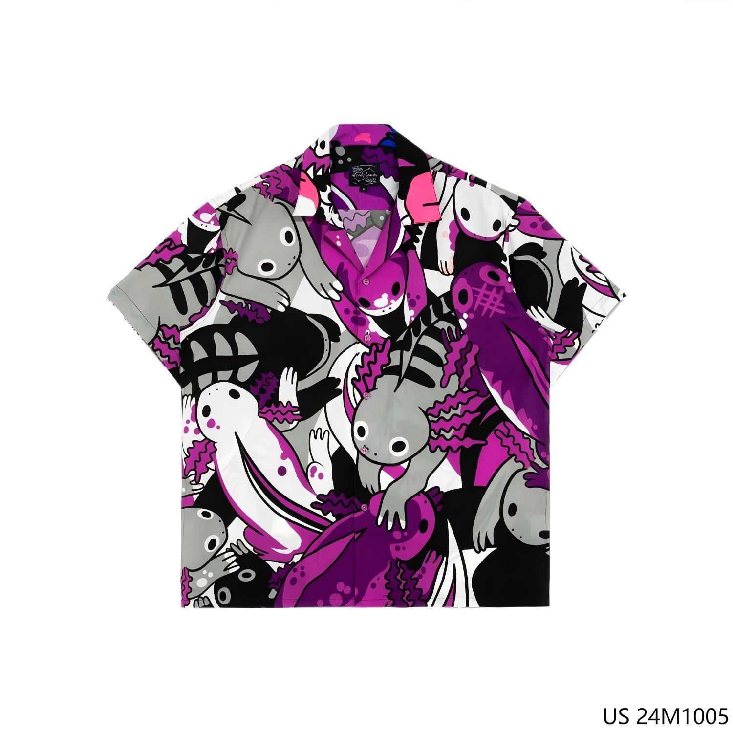 Men's 100% Rayon Printed Short Sleeve Button-up Shirts with Cuban Collar 