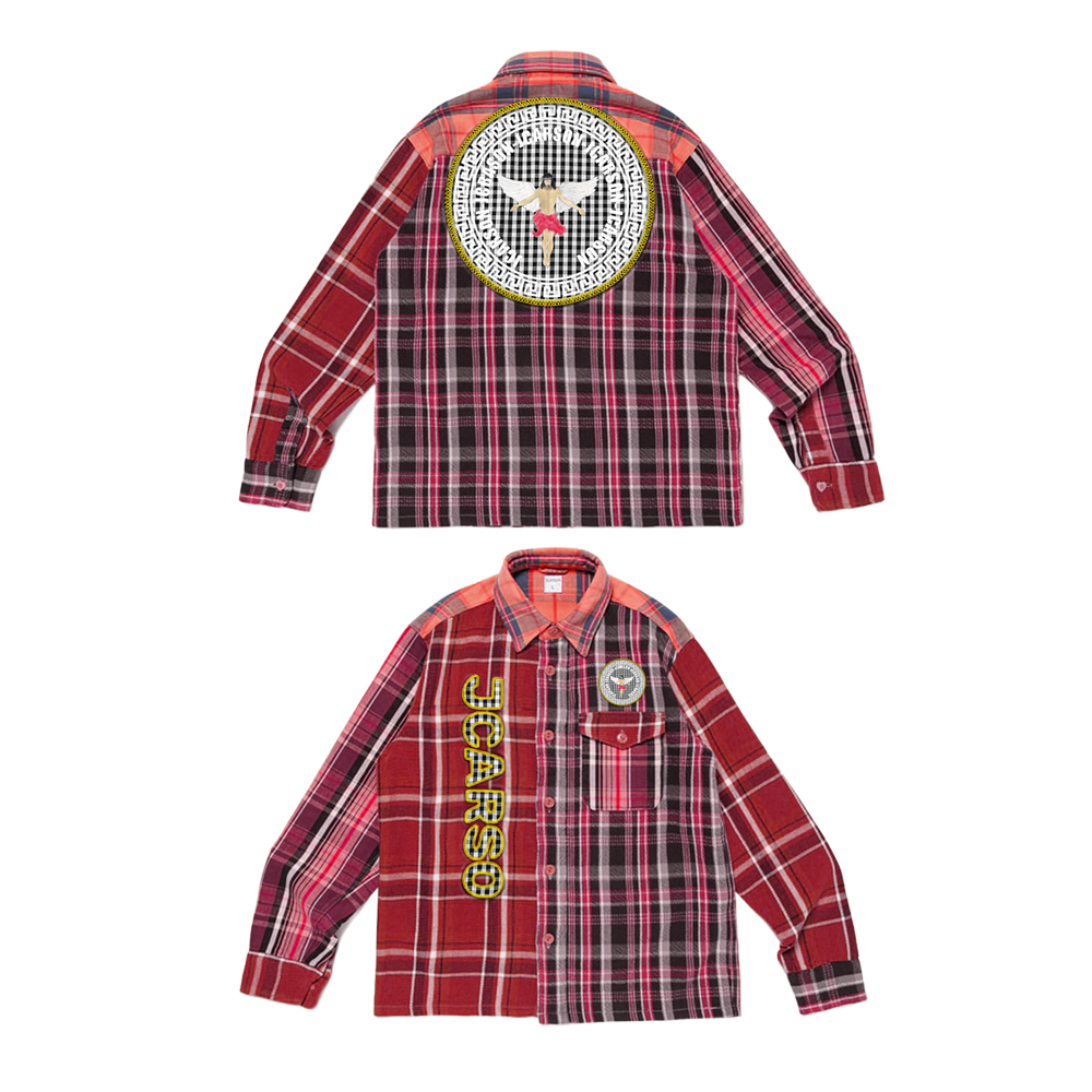 Patchwork Plaid Button down Long Sleeve Shirts for Men 380 Grams Blended cotton and down with a brushed texture