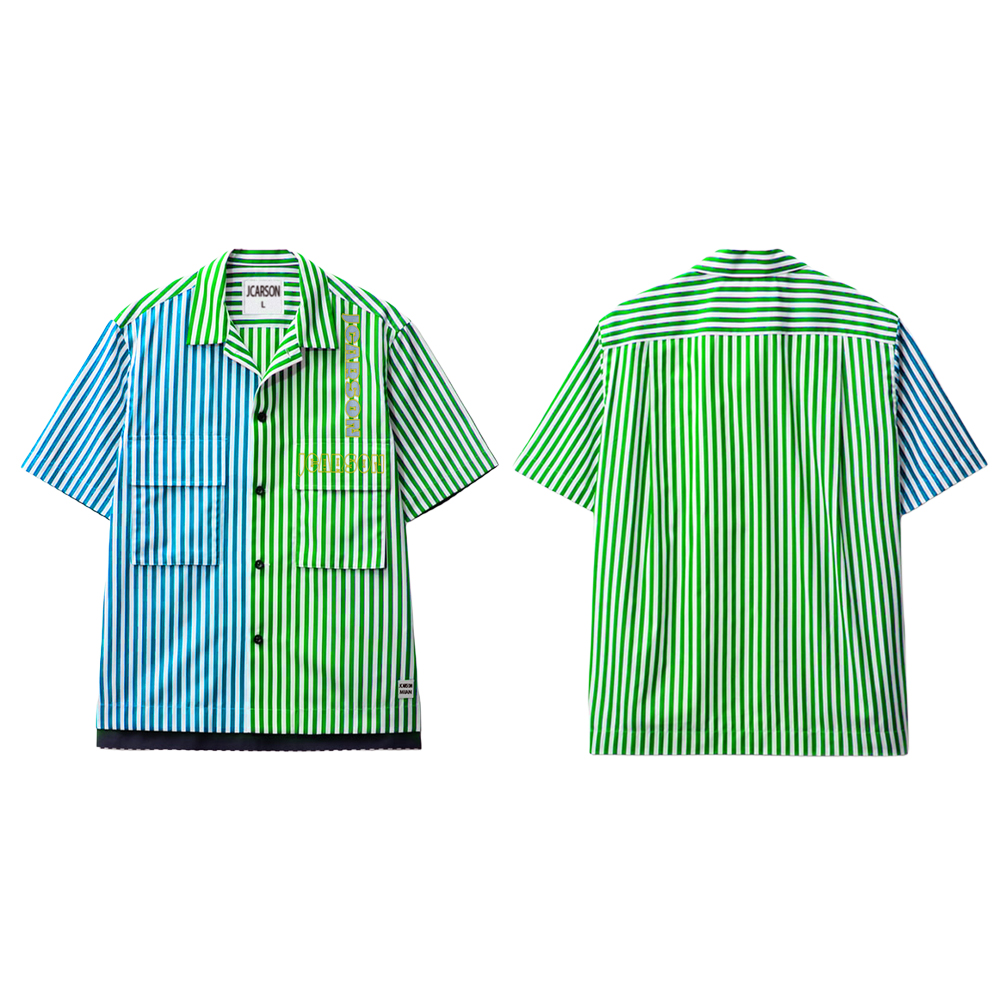Self-design  Blue and Green Stripes Contrast Stripes Short Sleeve Shirts for Men 260 Grams of Polyester-cotton Blended Fabric