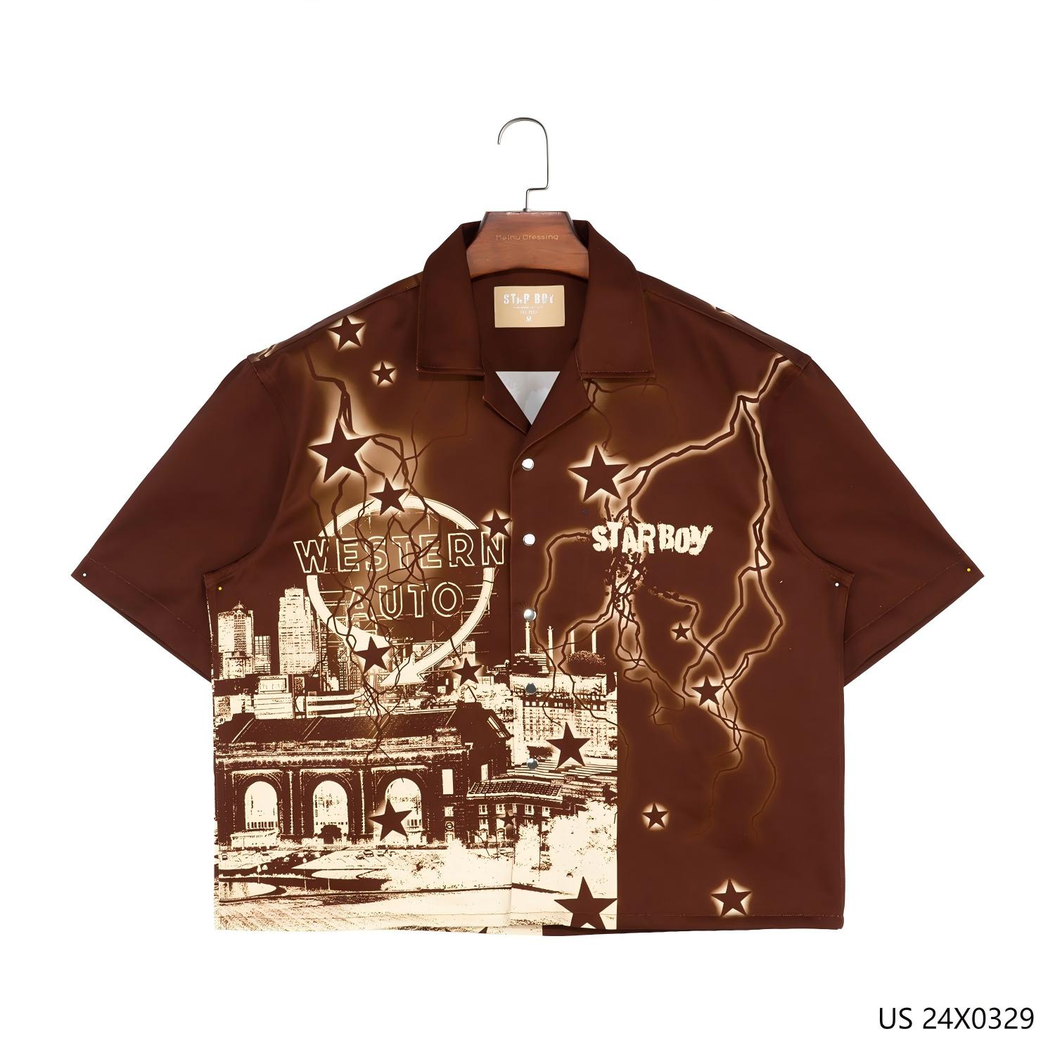 100% Cotton Printed Button-up Short Sleeve Shirts for Men with Cuban Collar