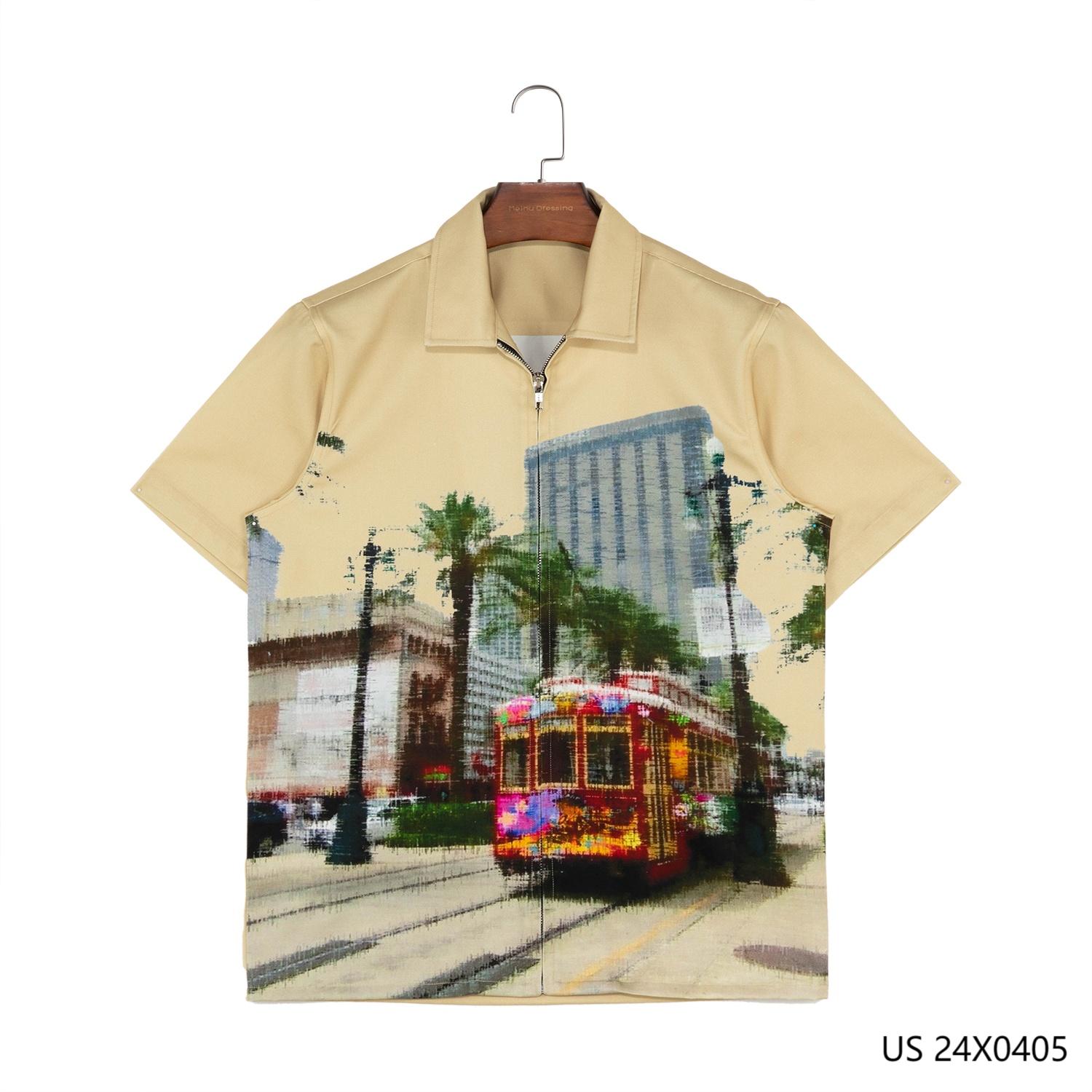 100% Cotton Printed Zip-up Short Sleeve Shirts for Men with Turn-down Collar