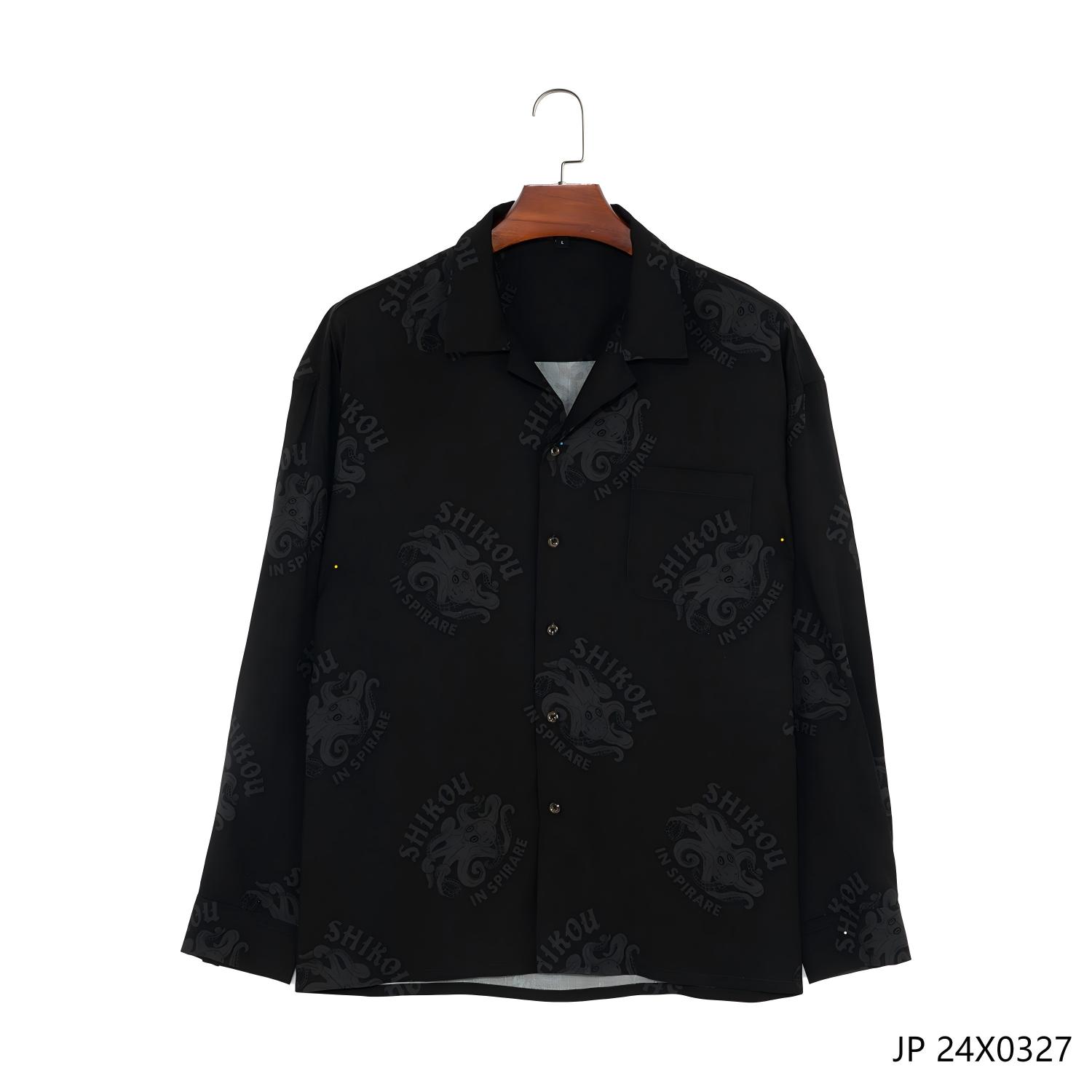 100% Rayon Printed Black Button down Long Sleeve Shirts for Men 