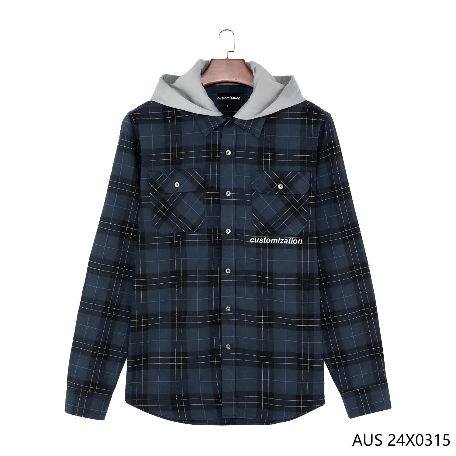 100% Cotton Plaid Button-down Blue Long Sleeve Contrast  Hoodies for Men 