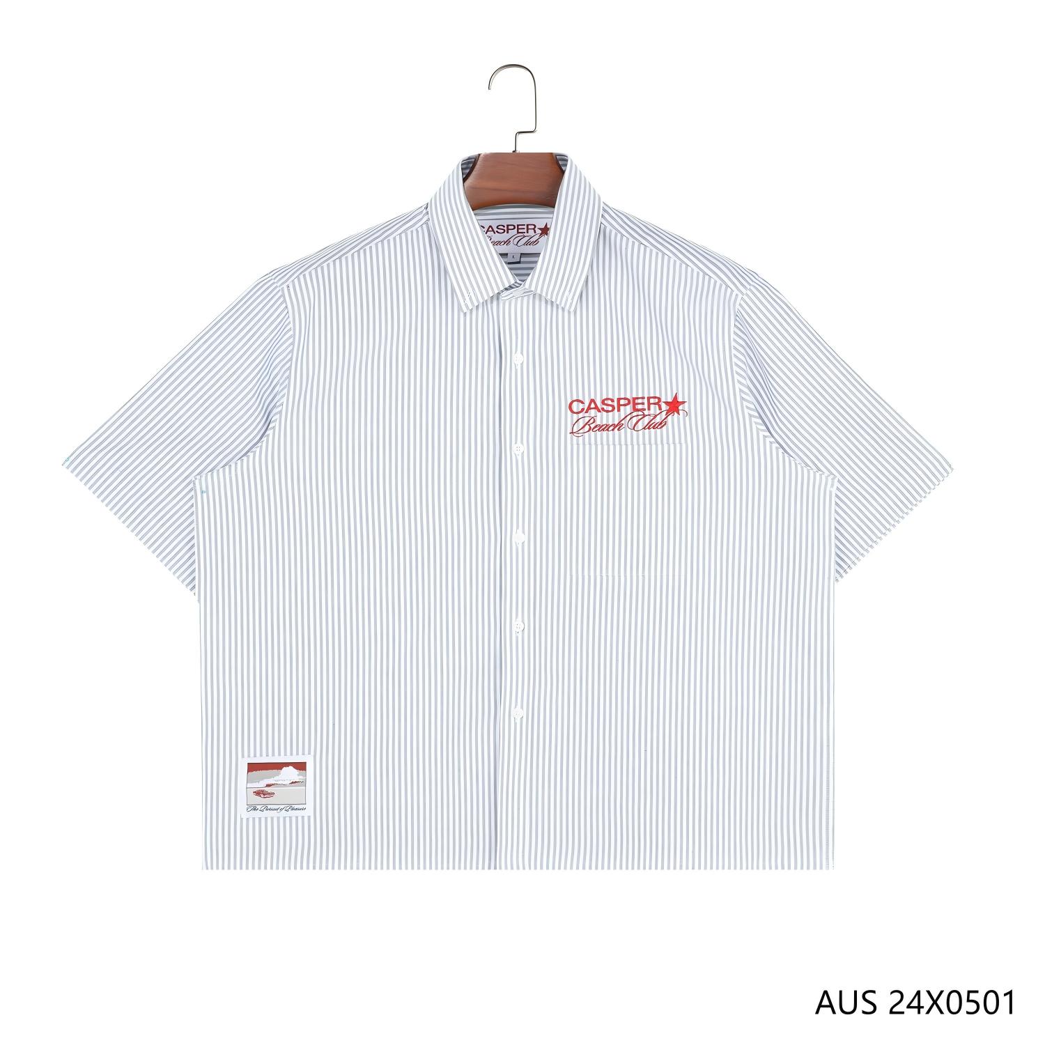 100% Cotton Embroidered Stripes Button down Short Sleeve Shirts for Men 