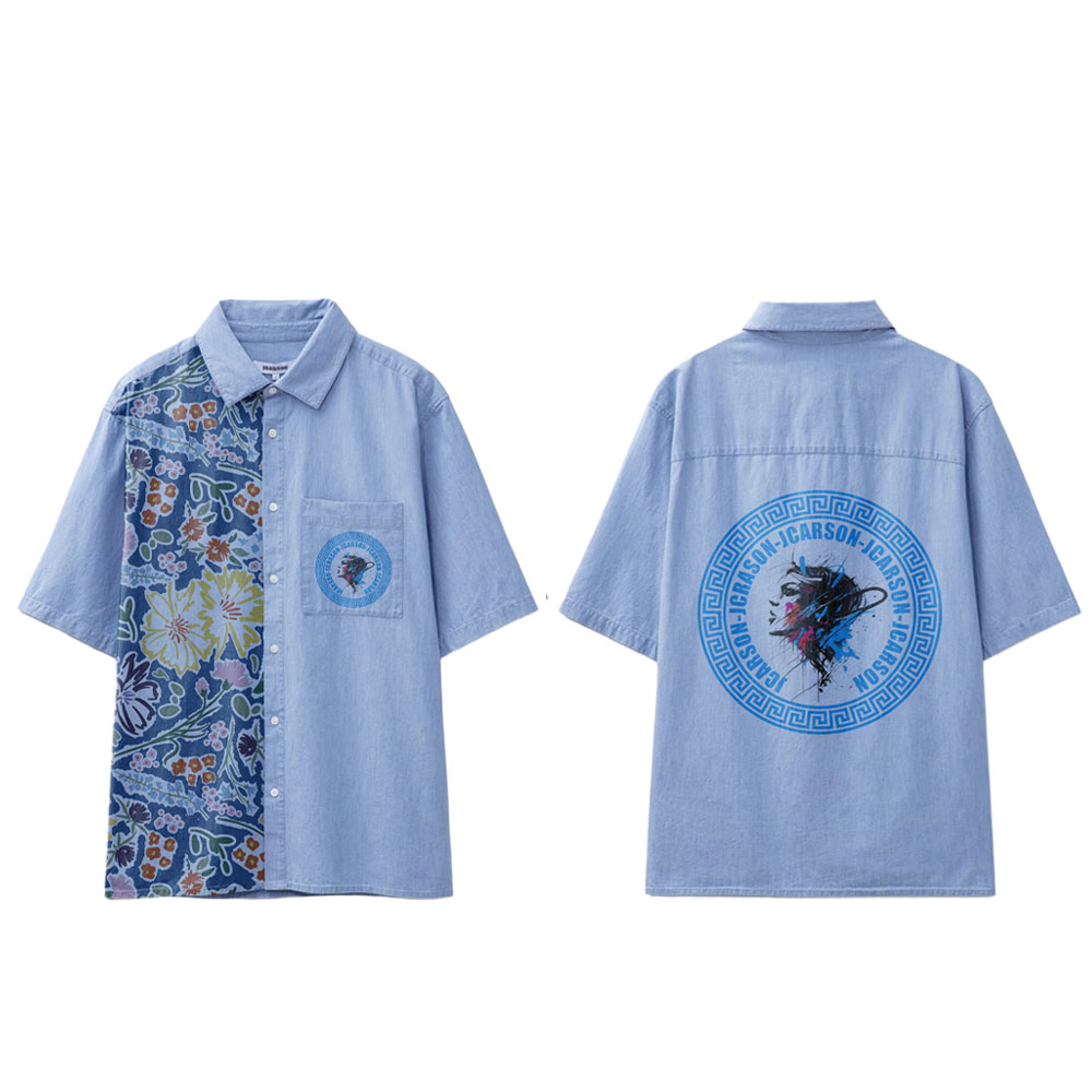 Self-design  Blue and Floral Print Contrast Turn down Button down Short Sleeve for Men