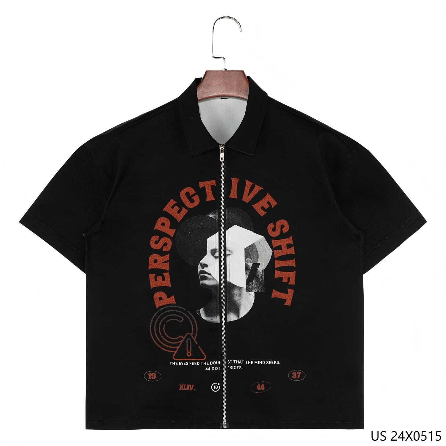 Customizable 100% Cotton Printed Turn-down Collar Zip-up Short Sleeve Shirts for Men 