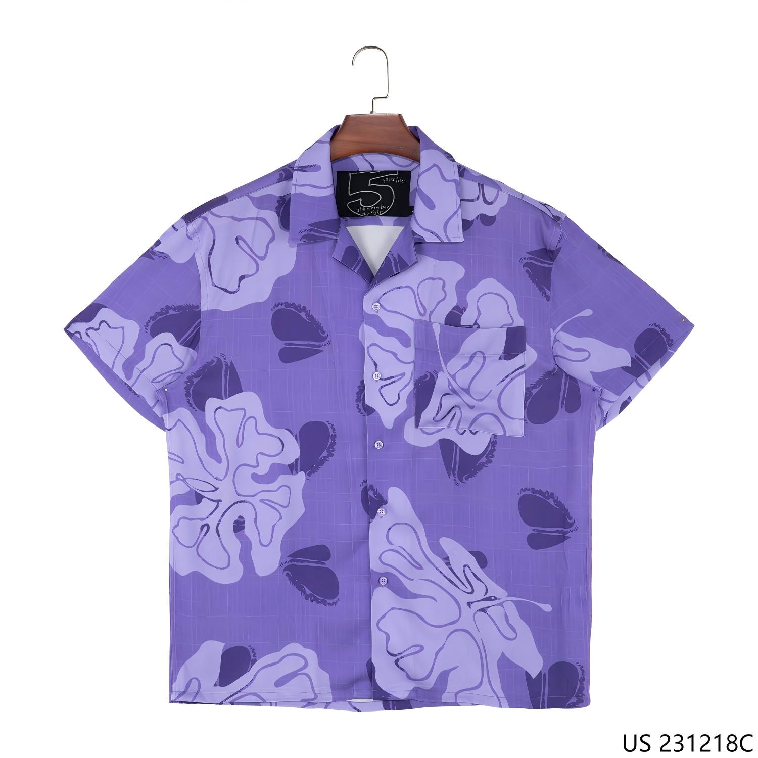 Men's 100% Rayon Printed Cuban Collar Purple Button down Short Sleeve Shirts for Men