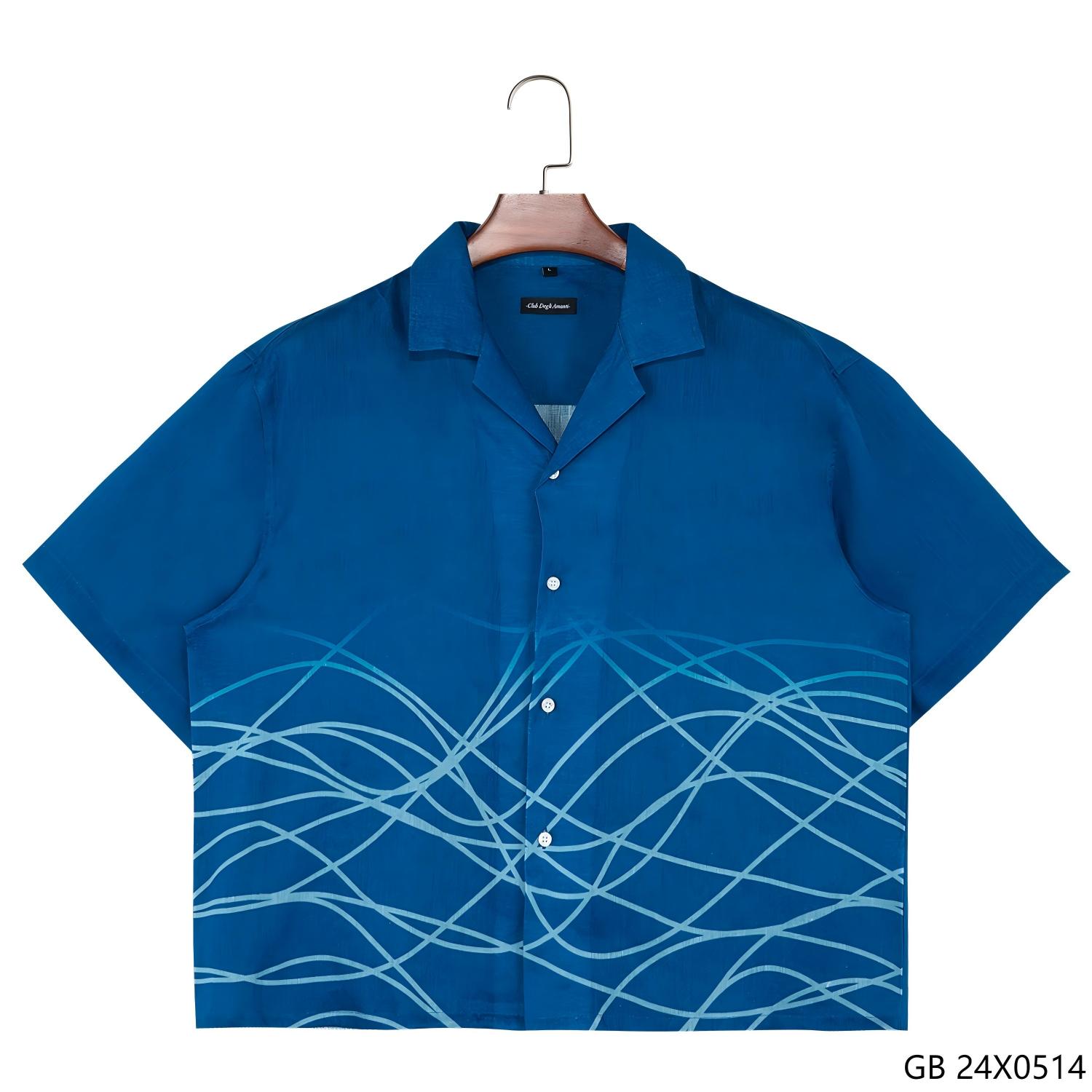 100% Linen Blue Printing Button down Short Sleeve Shirts for Men