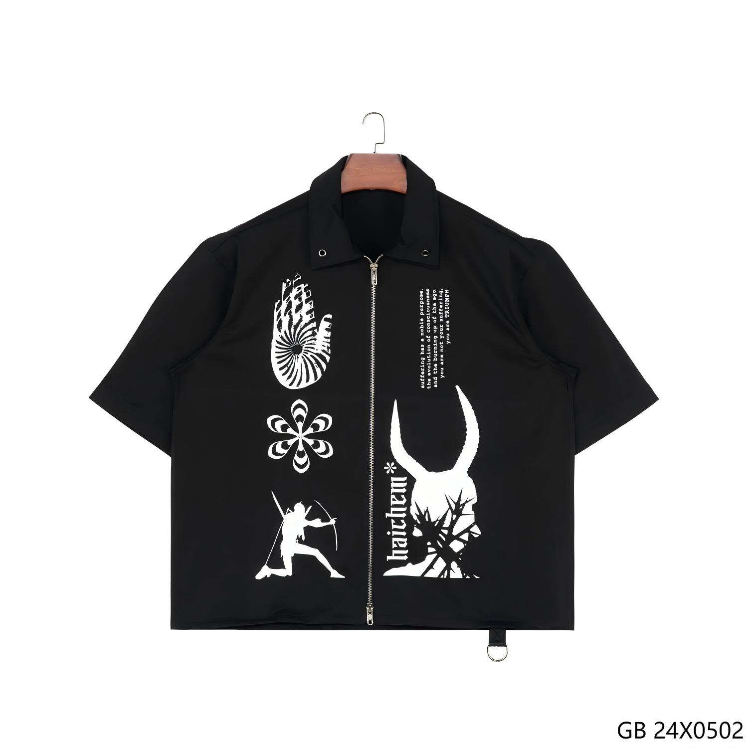 100% Cotton Printed Black Zip-up Short Sleeve Shirts for Men 