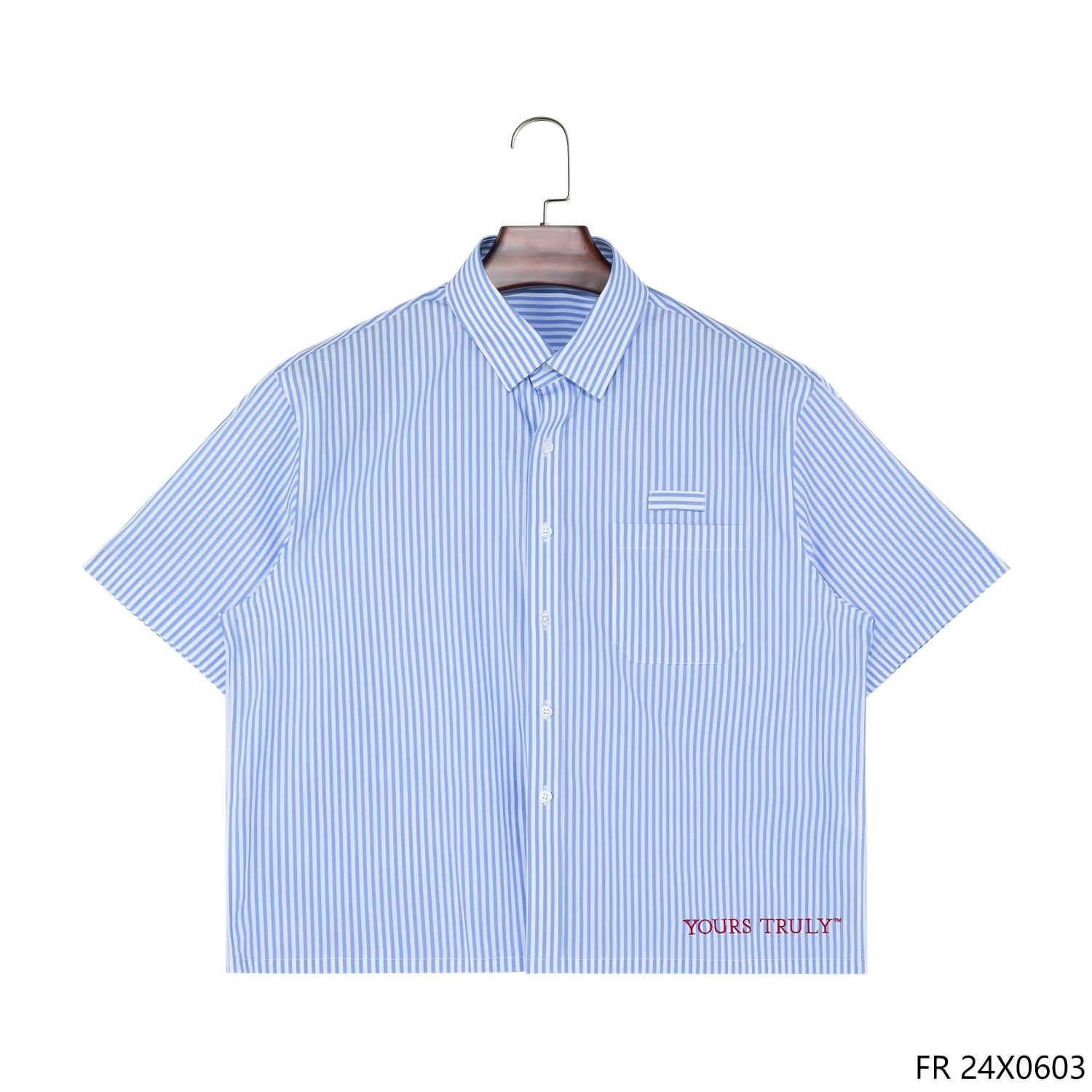 100% Cotton Button down Embroidered Square Collar Blue and White Stripes Short Sleeve for Men