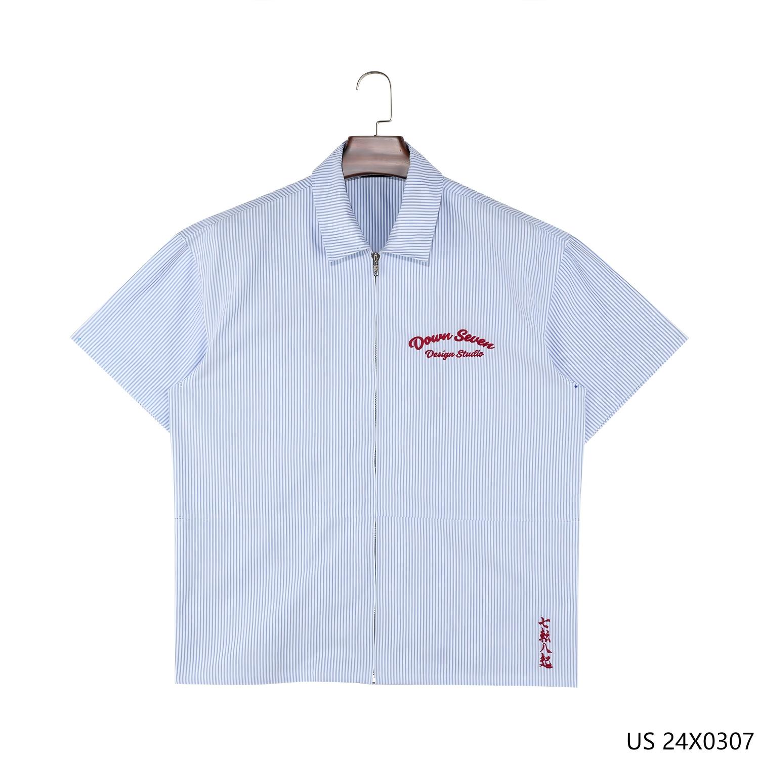 100% Cotton Embroidered Blue and White Stripes Button down Short Sleeve Shirts for Men 