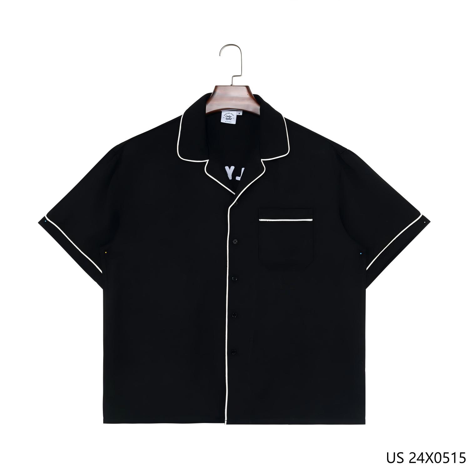 70% Tencel 30% Linen Black Button down Short Sleeve for Men with Cuban Collar