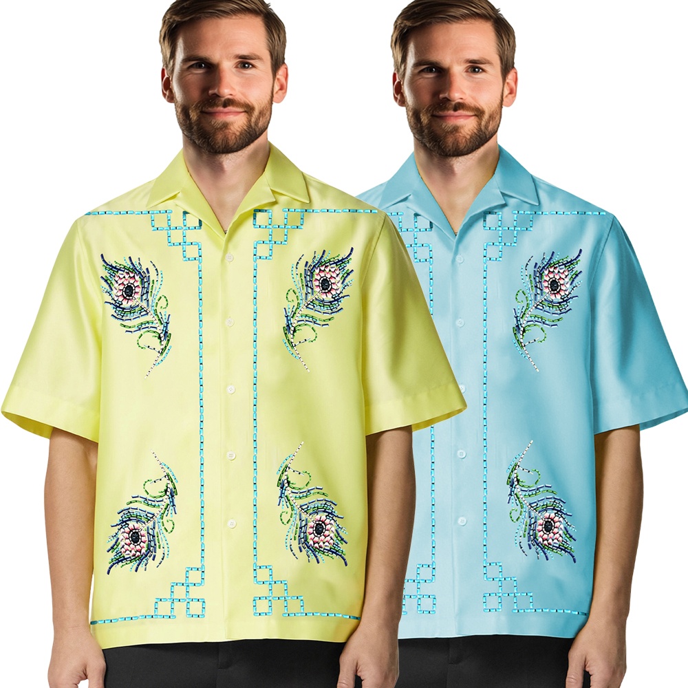 Self-design Plain Beaded Button down Short Sleeve Shirts for Men with Collarless Lapel