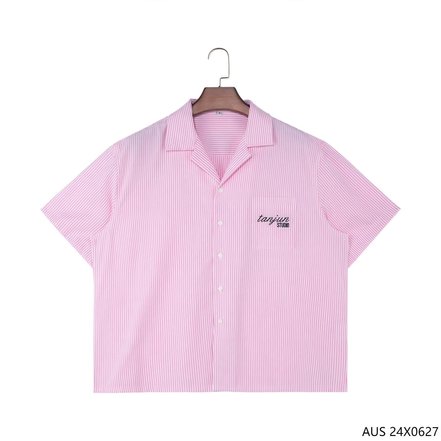 60% Cotton 40% Polyester Embroidered Pink Stripes Button down Short Sleeve Shirts for Men