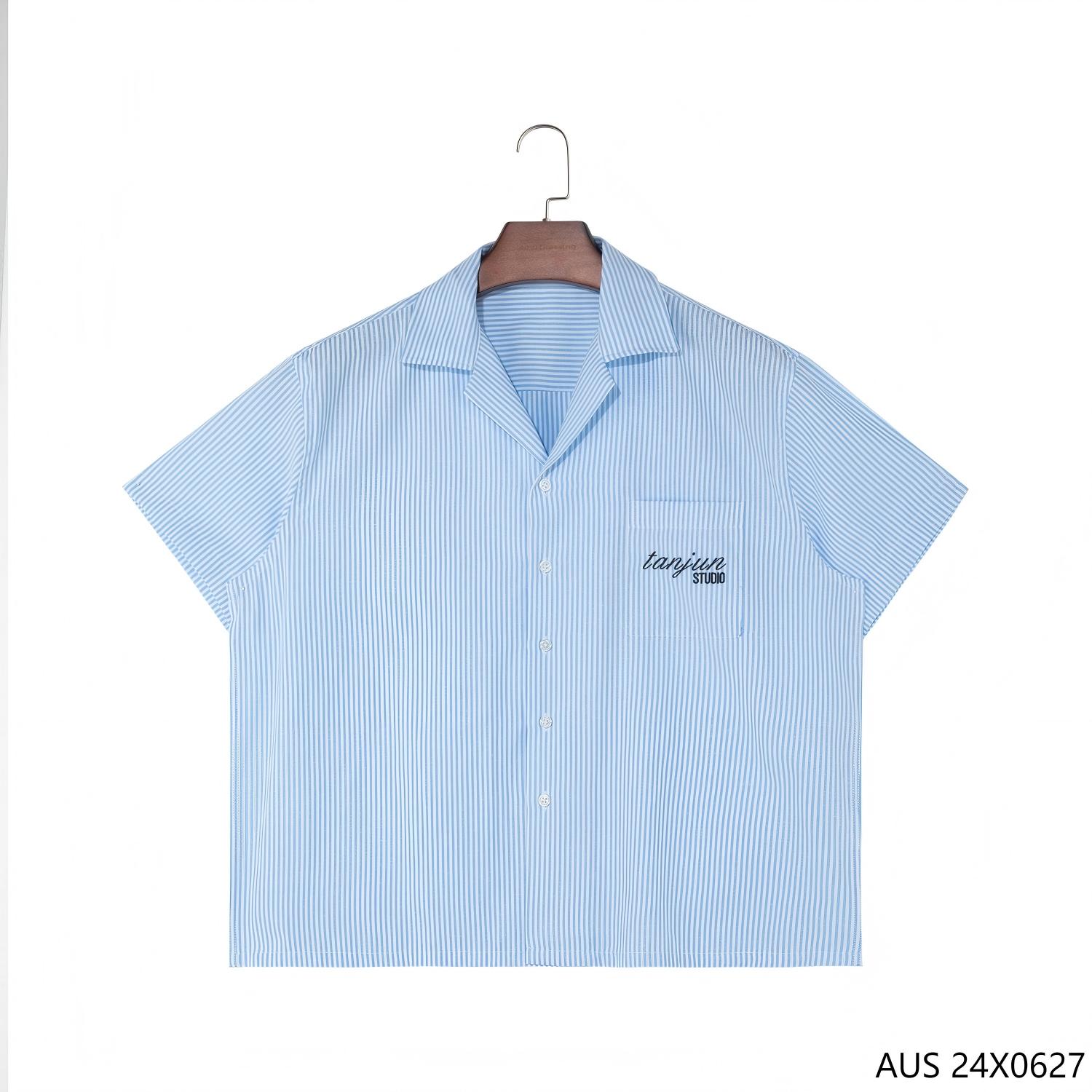 60% Cotton 40% Polyester Embroidered Blue Stripes Button down Short Sleeve Shirts for Men
