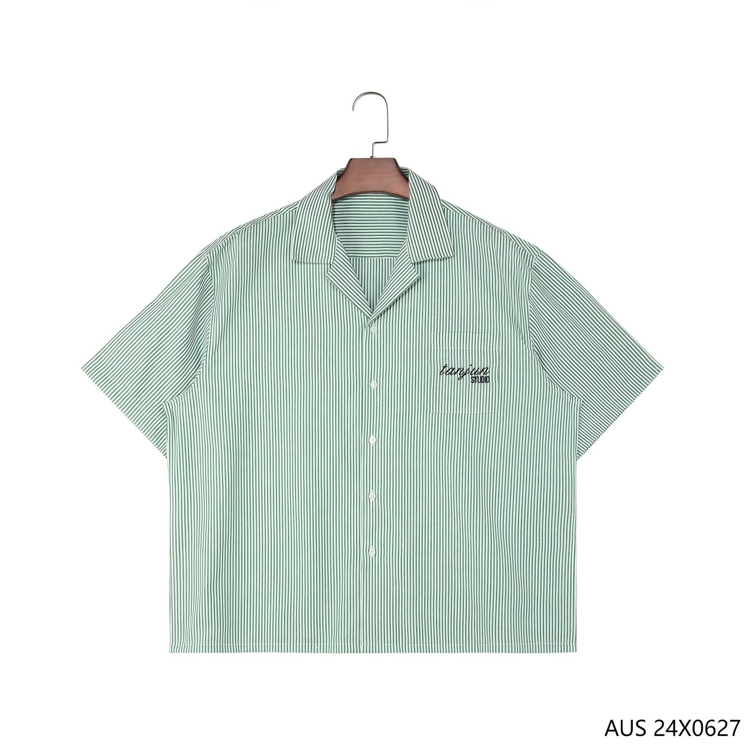 60% Cotton 40% Polyester Embroidered Green Stripes Button down Short Sleeve Shirts for Men