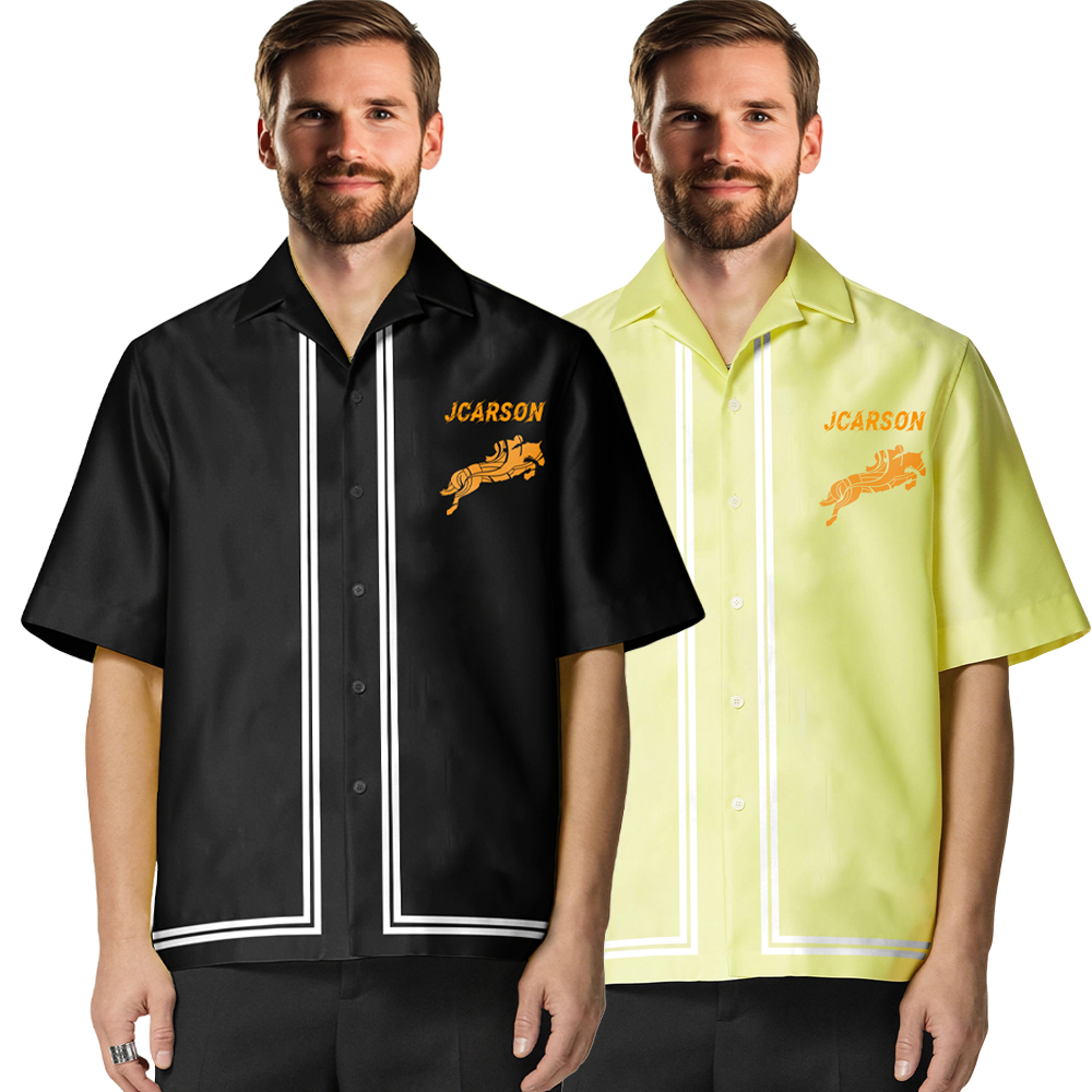 Self-design Lemon Yellow or Black Button Down Short Sleeve Shirts for Men with Cuban Collar