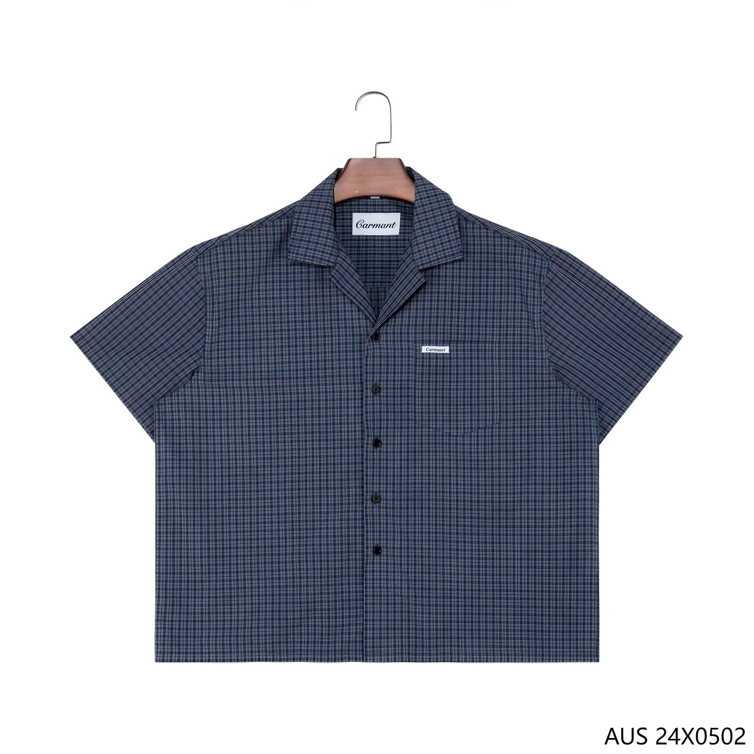 100% Cotton Dark Blue Plaid Button Down Short Sleeve Shirts for Men with Cuban Collar