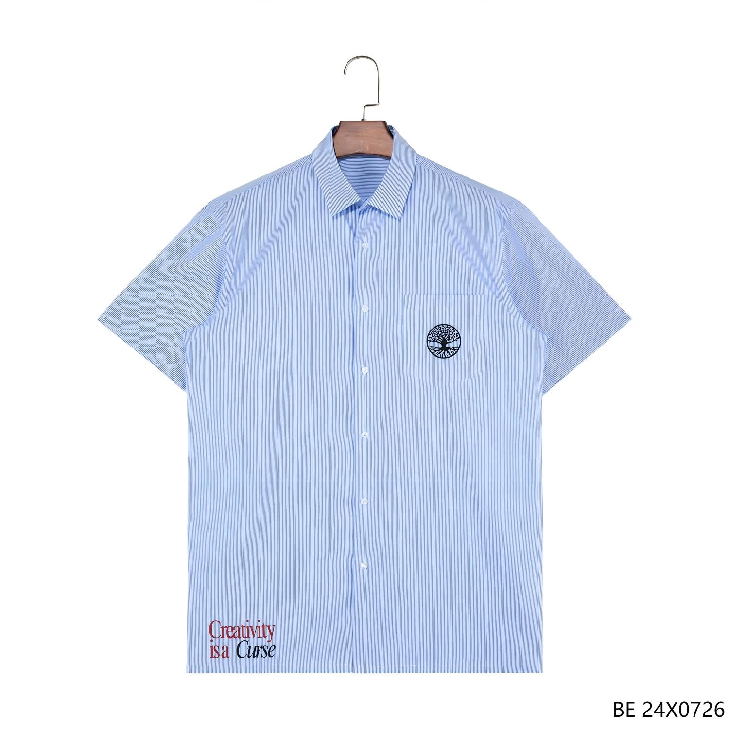 100% Cotton Printing Blue and White Stripes Button down Short Sleeve Shirts for Men